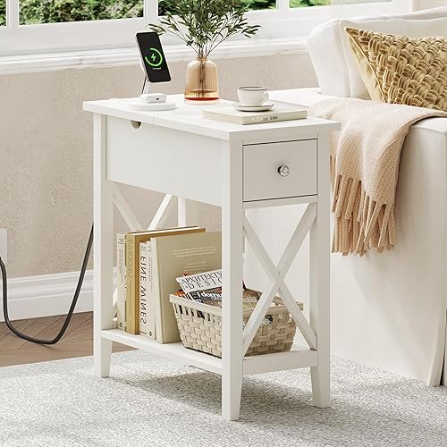 Miniatura 3 de ChooChoo Mesa auxiliar con estación de carga, mesa auxiliar estrecha con puertos USB y tomacorrientes, mesita de noche con cajón, para espacios
