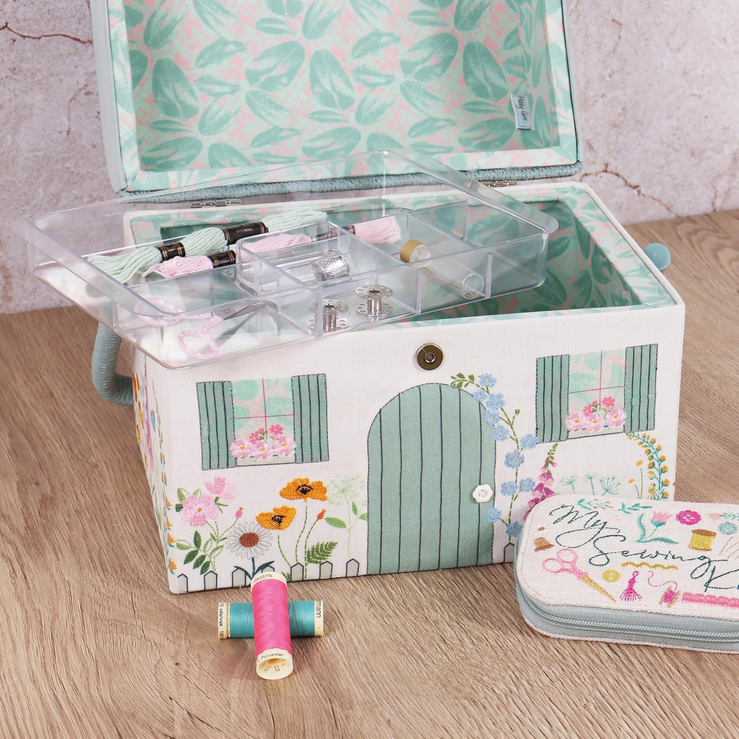 Hobby Gift Country Cottage Sewing Box Craft Storage Basket with Handle Internal Accessories Tray for Sewing Knitting and Hobby Supplies