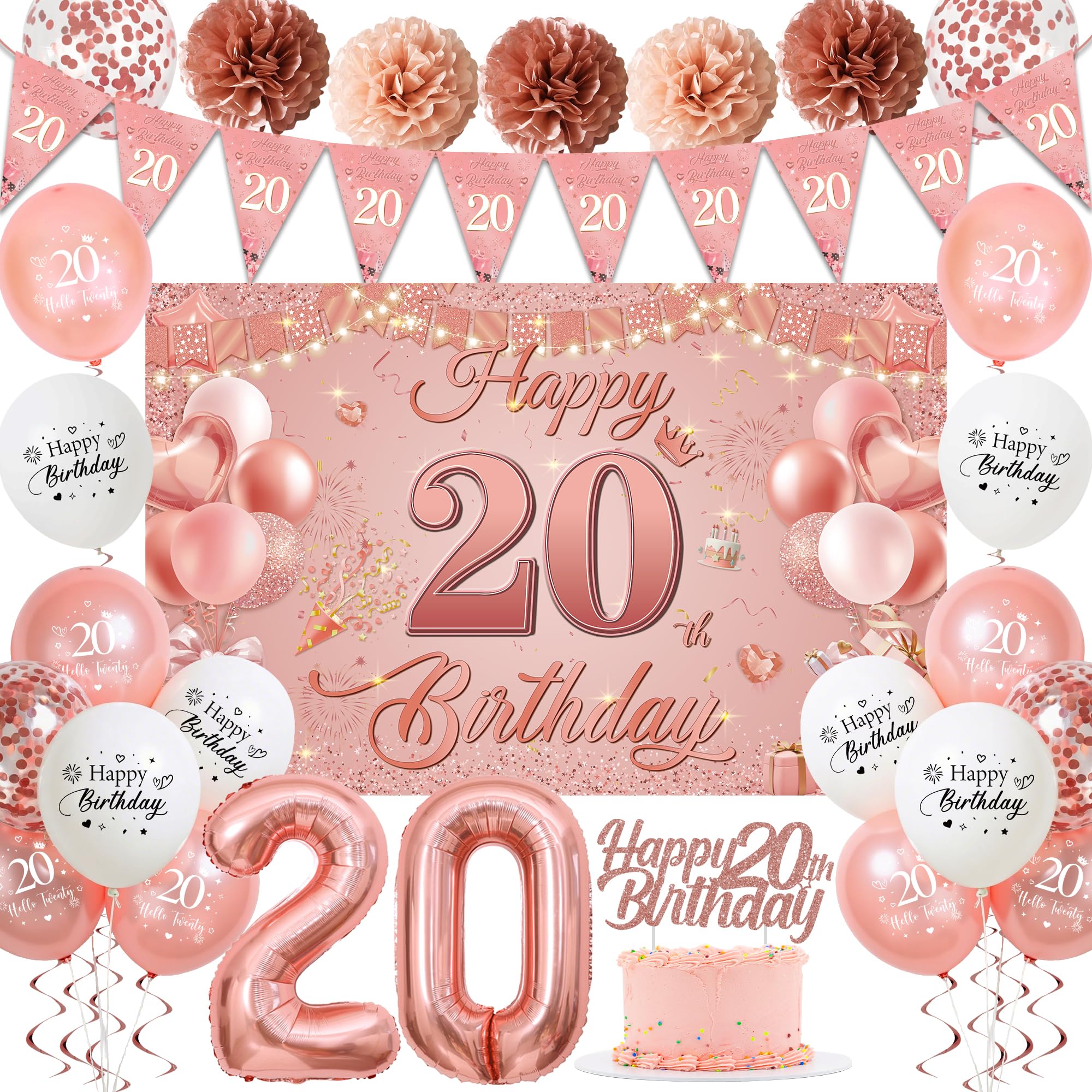 Sroeeshee 20th Birthday Decorations for Girls - Pink Rose Gold 44Pcs 20th Bday Balloon Backdrop Set with Pennant Banner Number 20 Balloons, Photo Backdrop Pom Poms Cake Topper for 20 Year Old Party