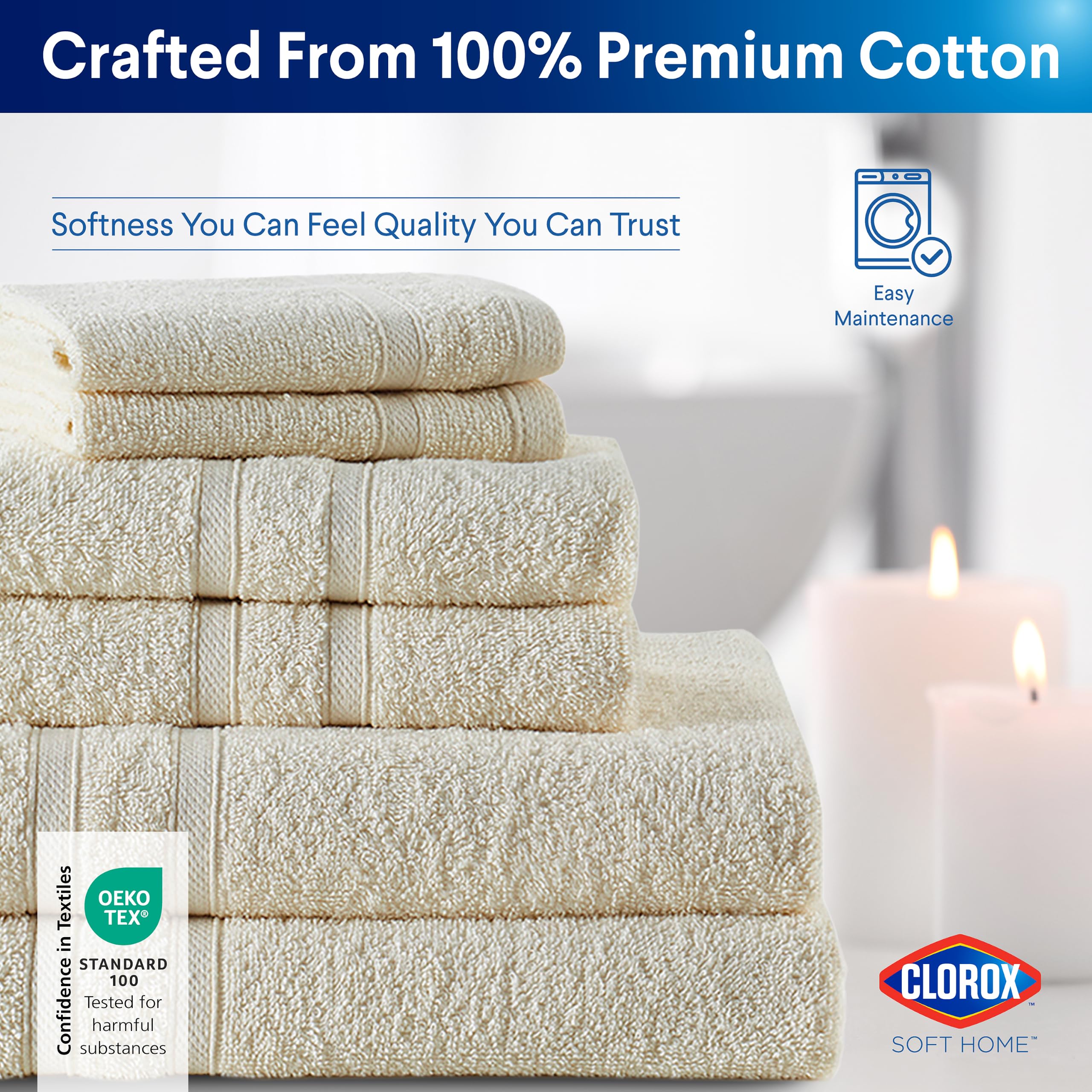 Clorox Gants de toilette 100 % coton faciles à laver - Compatibles avec l'eau de Javel - Séchage rapide - 30,5 x 30,5 cm - Très absorbants, doux, légers, parfaits pour un usage quotidien, faciles à