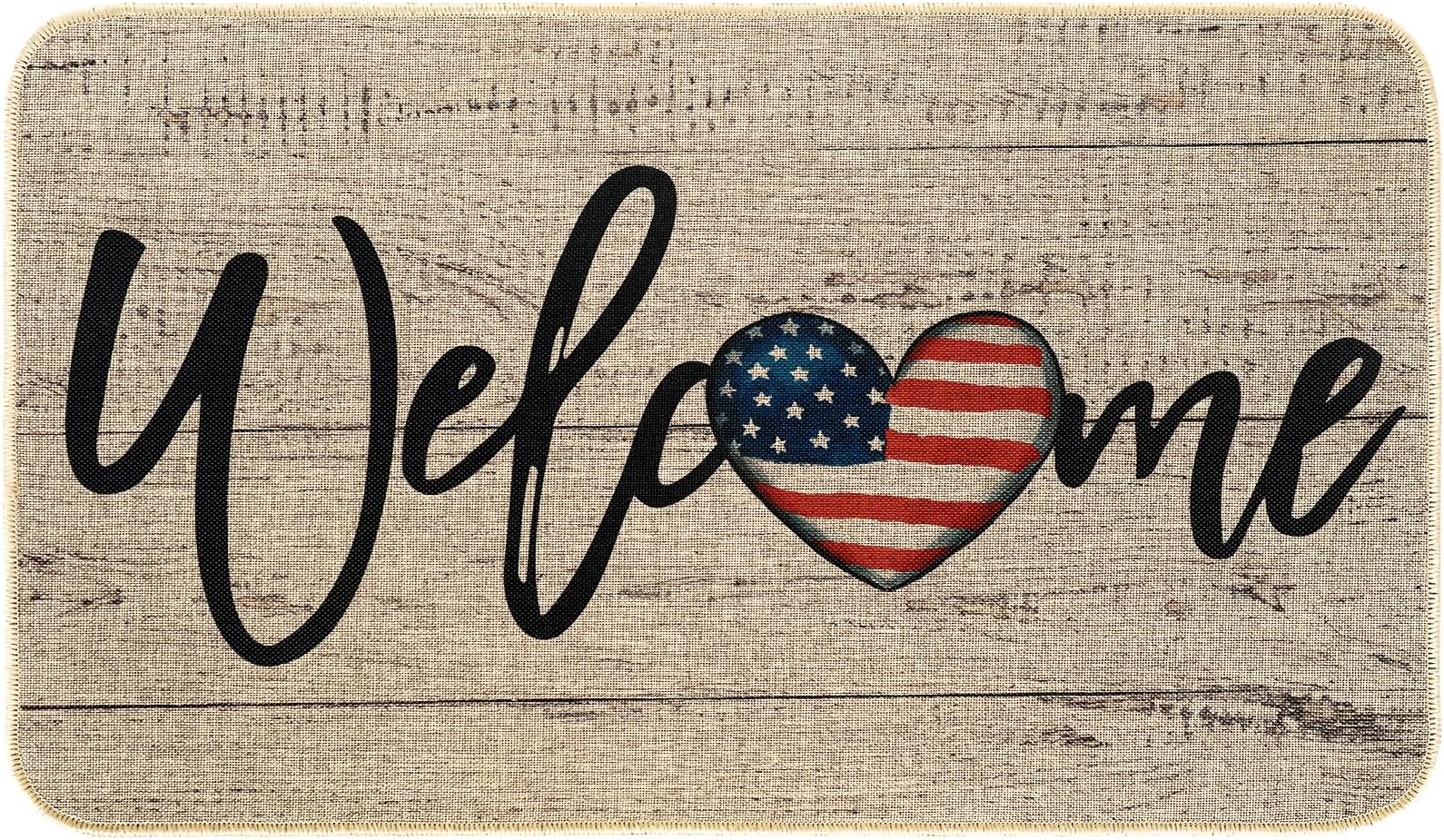 Patriotic Welcome Doormat Rustic American Flag Heart Front Door Mat with Anti-Slip Rubber Independence Day 4th of July Doormat for Indoor Outdoor Kitchen Home Decor, 17 x 29 Inch