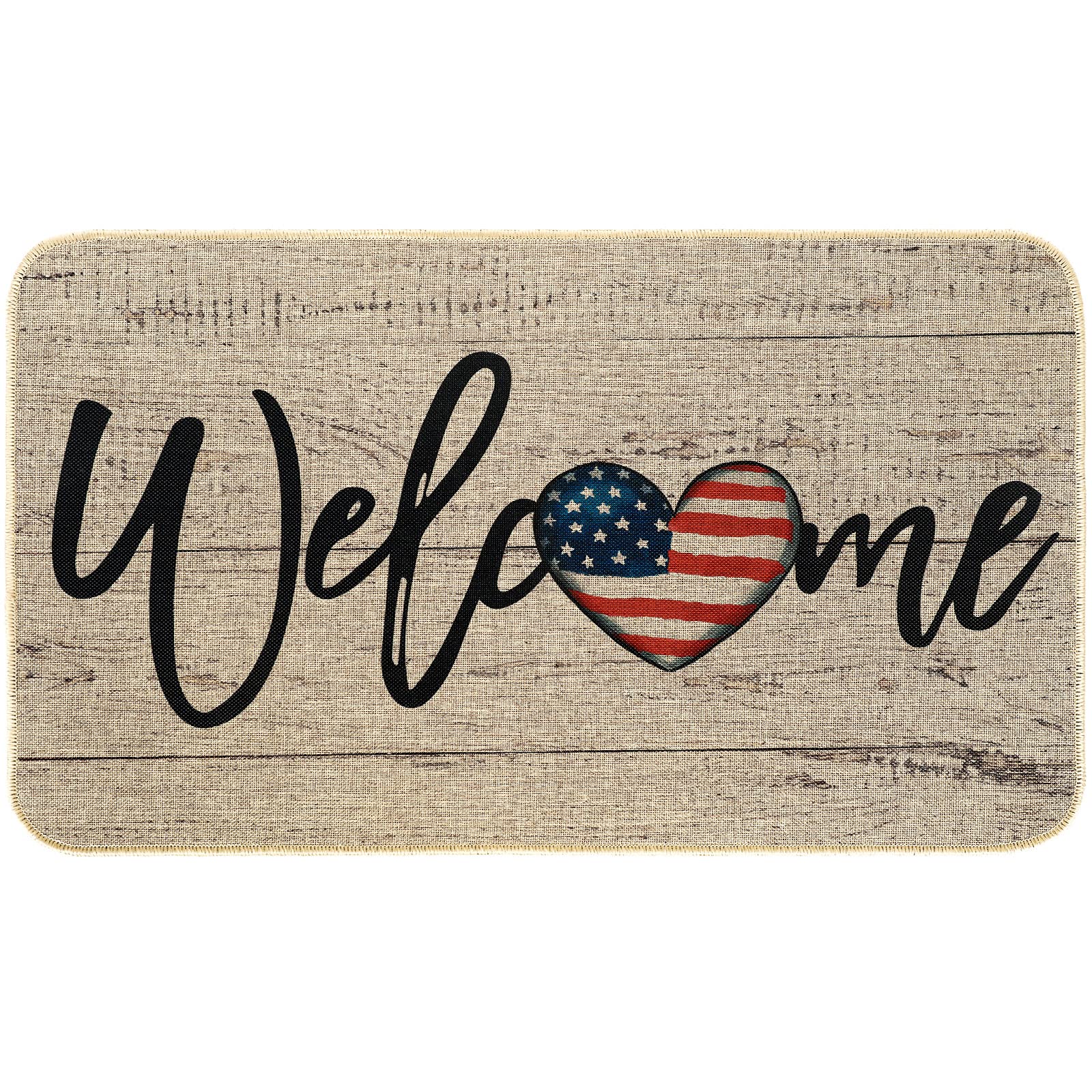 Patriotic Welcome Doormat Rustic American Flag Heart Front Door Mat with Anti-Slip Rubber Independence Day 4th of July Doormat for Indoor Outdoor Kitchen Home Decor, 17 x 29 Inch