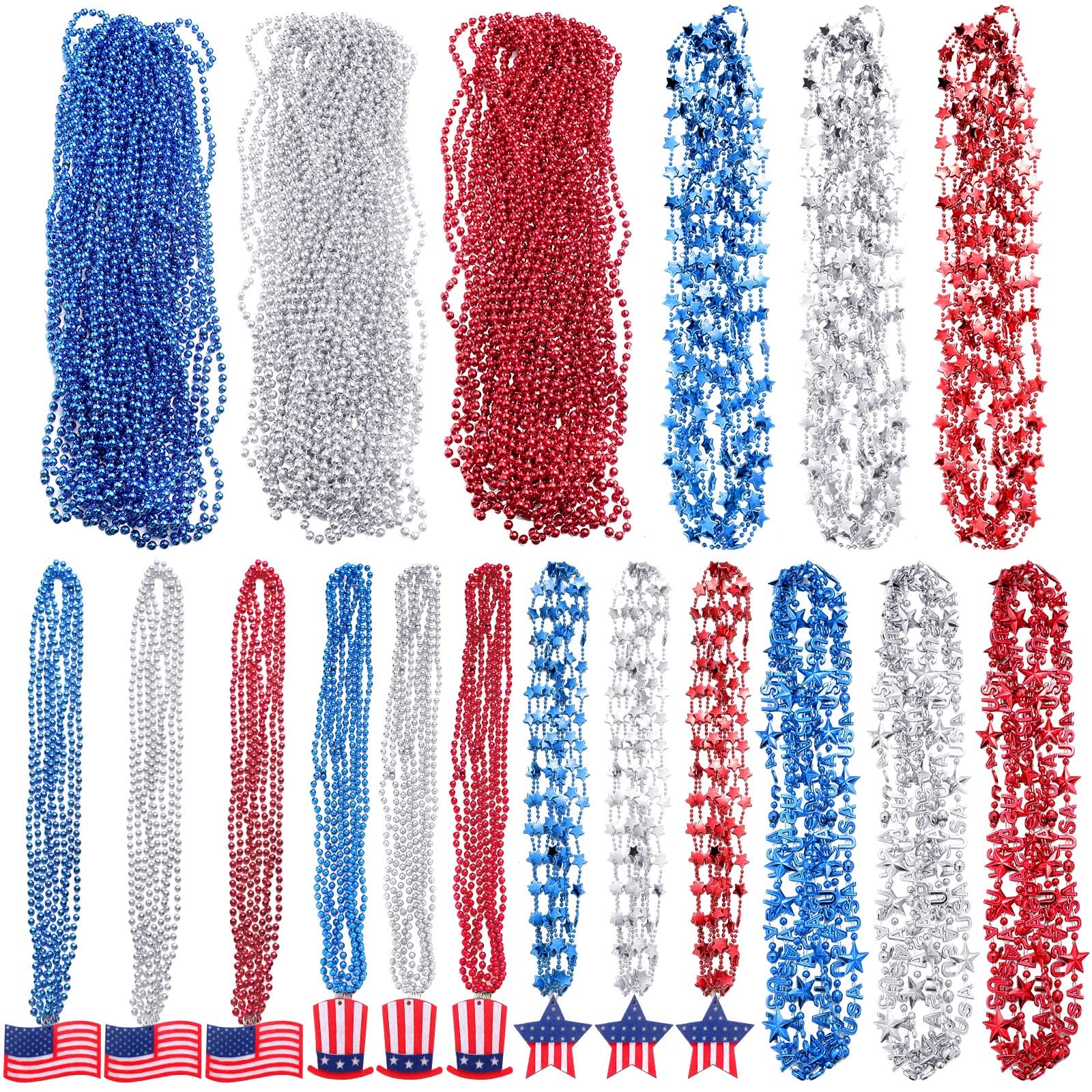204 Pieces 4th of July Necklaces Bulk Patriotic Beads Necklaces Red White Blue Mardi Gras Beads USA Star Flag Bead Necklace with Pendants for Independence Day Memorial Day Party Parade Decorations