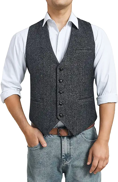 Gilet en laine sans manches pour hommes - Tweed chevron formel et casual