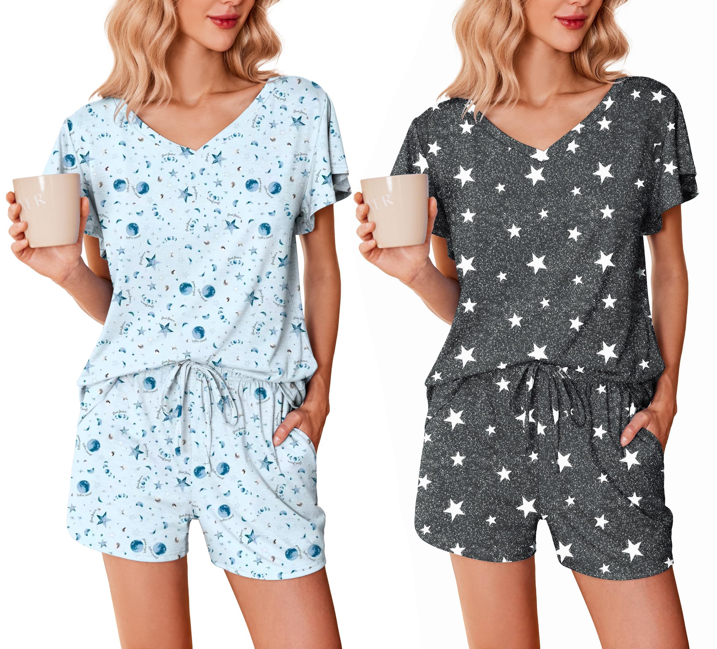 Ekouaer 2 Pack Women's Short Summer Pyjama Set, Ruffle Sleeves, V-Neck, Short Sleeve Shorts, Soft and Lightweight, Comfortable Loungewear, Sleepwear with Pockets, S-XXL