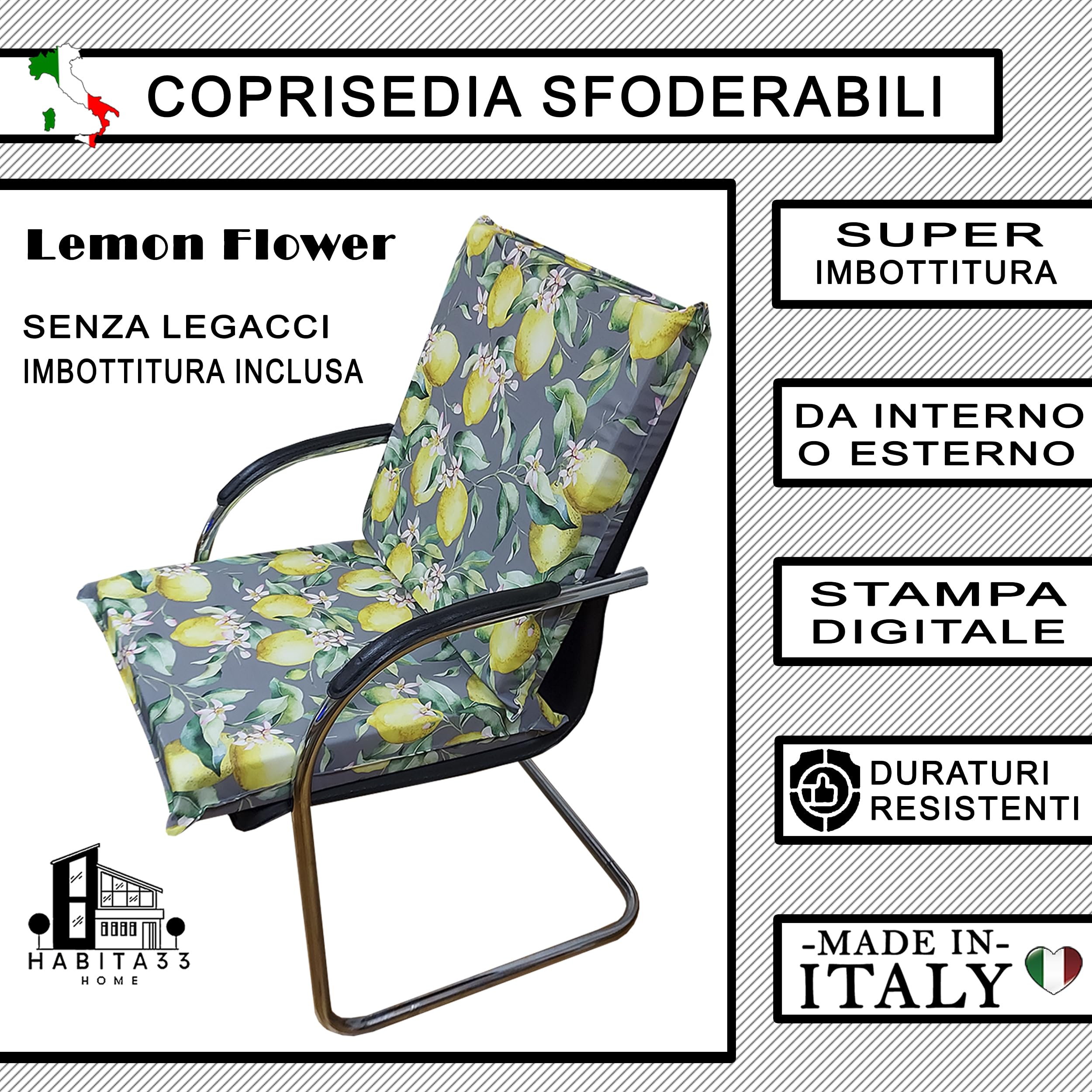 Cojines para Sillas de Jardín – Set de 4 (50x50x8 cm) – Fundas con Cremallera Desenfundables y Lavables – Asiento Cómodo para Exteriores – Fabricación Italiana (4, Lemon Flower)