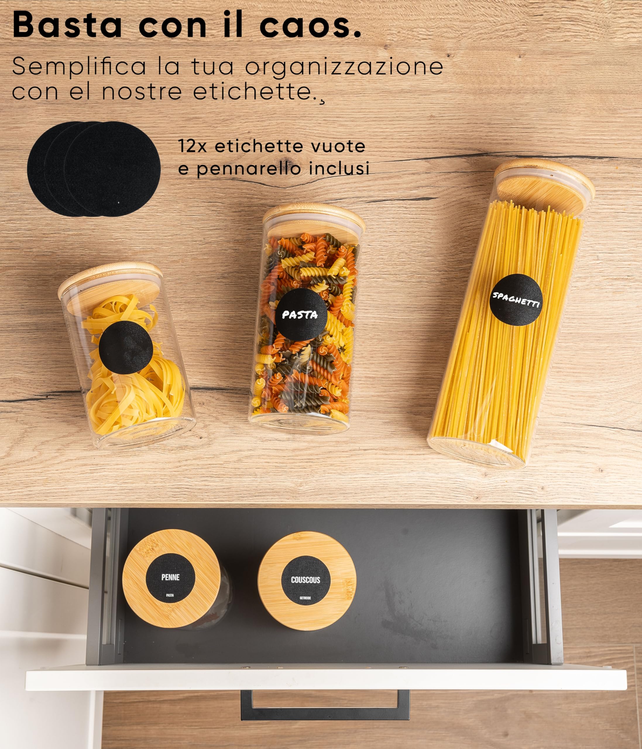 Deco haus Barattoli Vetro con Coperchio Legno Set di 8 [+ETICHETTE] - Contenitori Pasta Vetro - Contenitori Cucina - Porta pasta contenitore per Biscotti, Farina, Cereali, Spaghetti