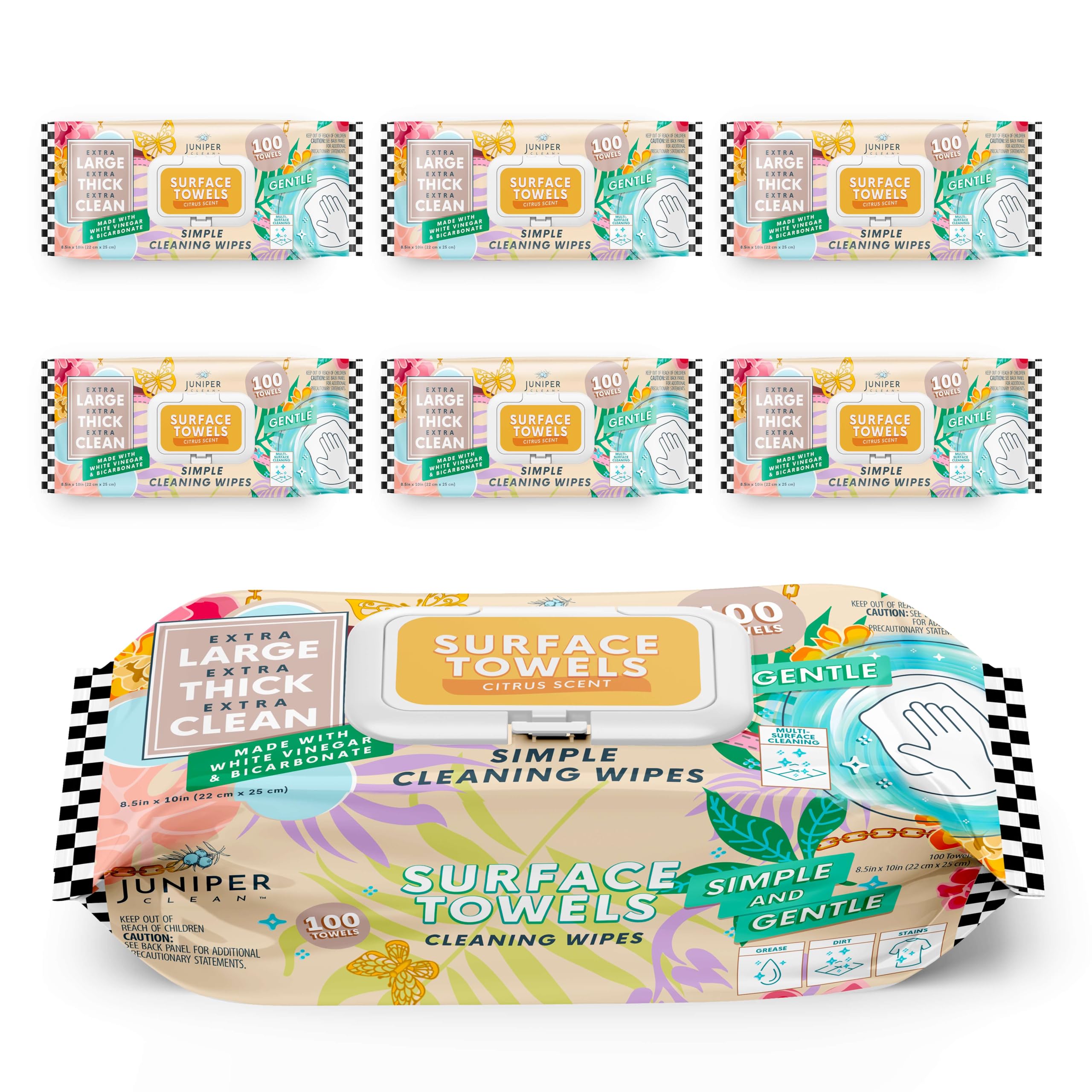Juniper CLEAN 6 Packs Surface Cleaning Wipes Bleach Free Thick Large Dispose All-Purpose Cleaner for Bathroom Kitchen Office