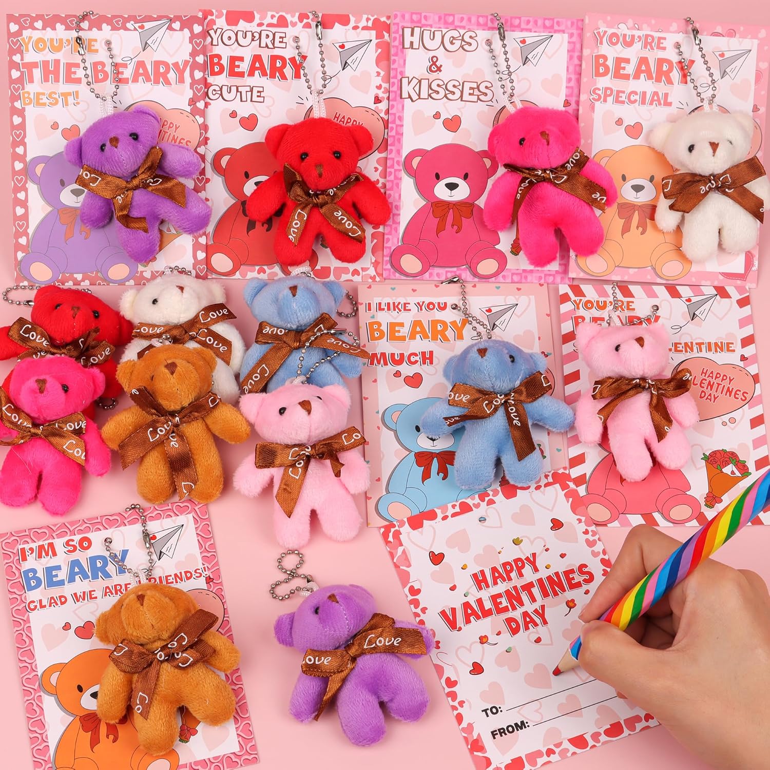28 Pack Valentines Day Cards & Mini Plush Bear Keychains, Valentines Day Gifts for Kids Classroom, Valentine's Day School Party Favors Class Exchange Prizes for Boys Girls