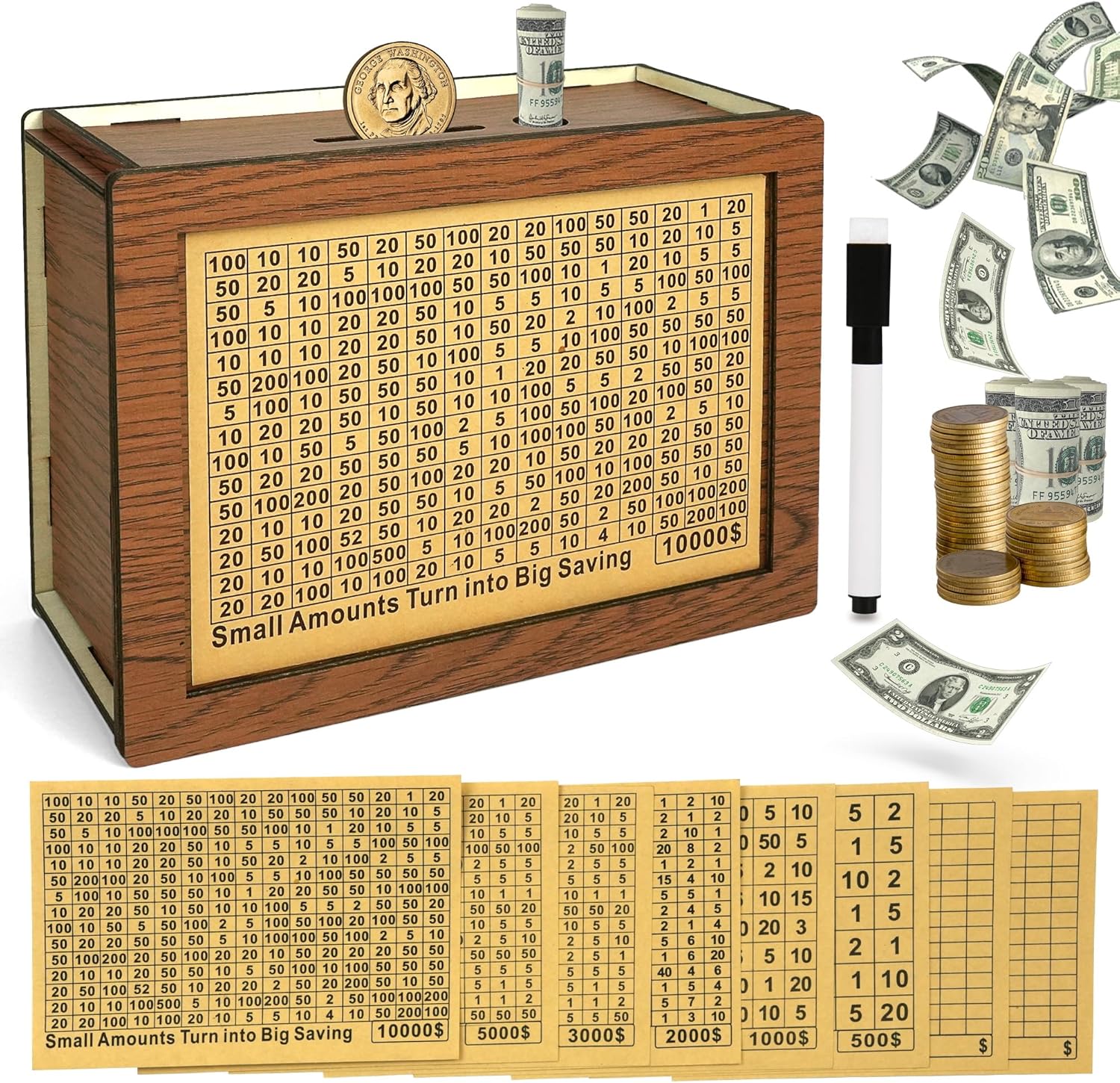 Wooden Money Saving Box-10000 Savings Challenge Box Cash Vault Piggy Bank for Adults Kids with 8 Saving Targets $10000 $5000 $3000 $2000 $1000 $500 Coin Bank Gift for Boys and Girls