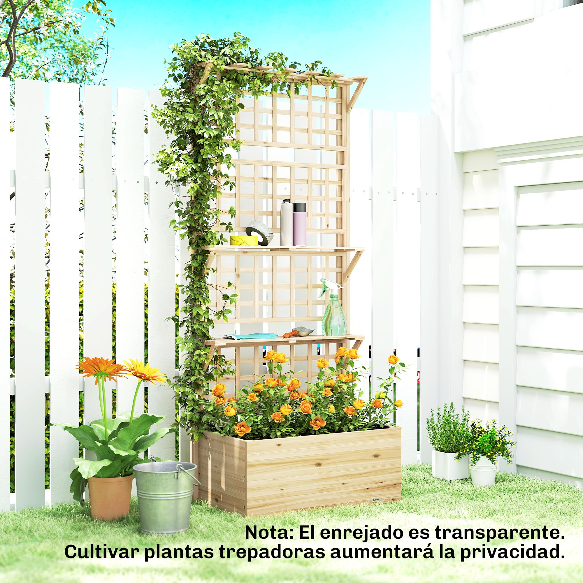 Outsunny Jardinera con Enrejado y Techo de Madera, Jardinera Exterior Grande para Plantas Trepadoras, con 2 Estantes, Drenaje y Forro, Macetero Elevado para Patio, Terraza, 76x43,5x177 cm, Natural