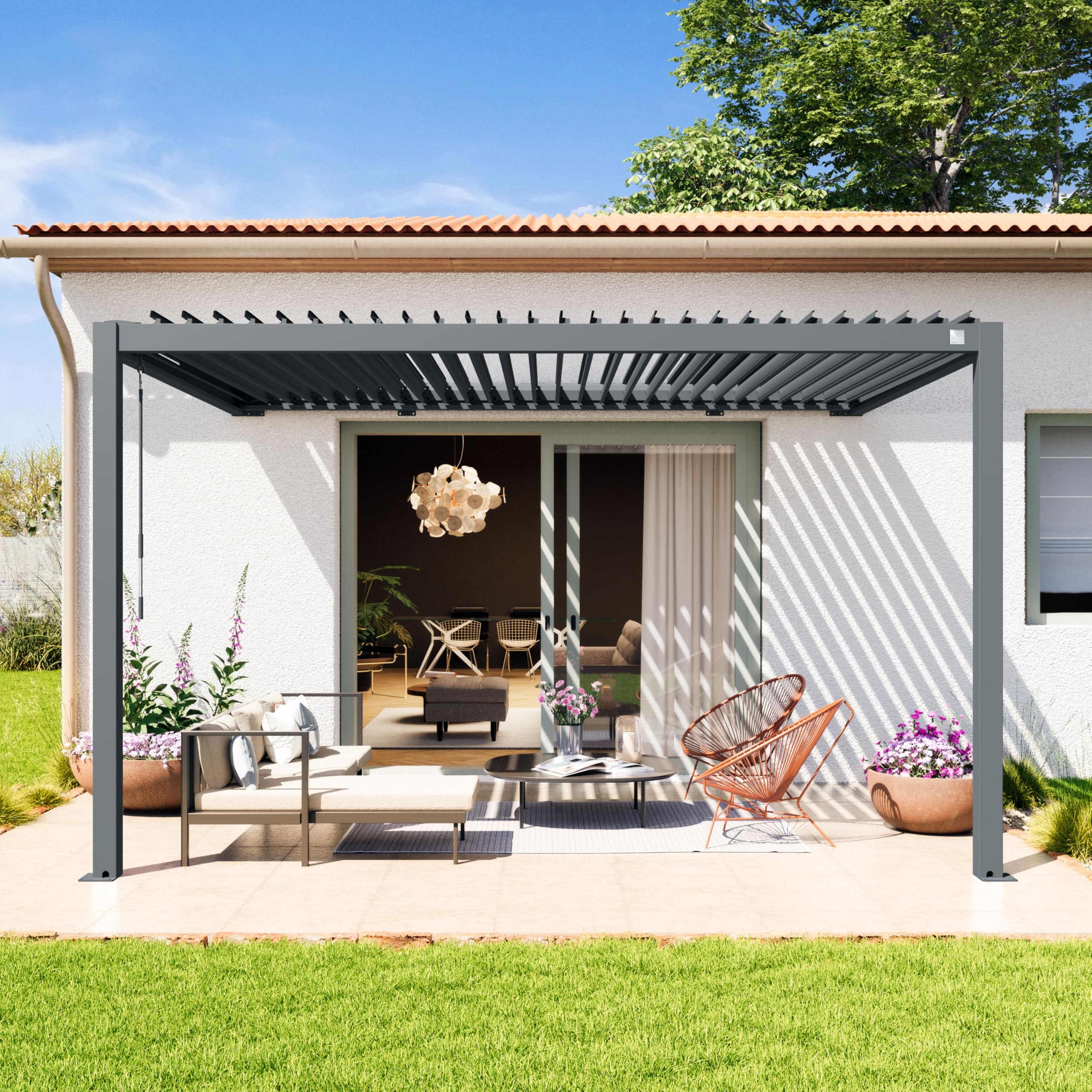 PRIMEYARD Pergola adossée 3x4 m poteaux en Aluminium avec Lames orientables en Acier pergola Murale Anthracite