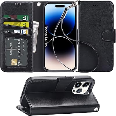 Arae Compatible with iPhone 14 Pro Case Wallet Flip Cover with Card Holder and Wrist Strap for iPhone 14 Pro 6.1 inch-Black