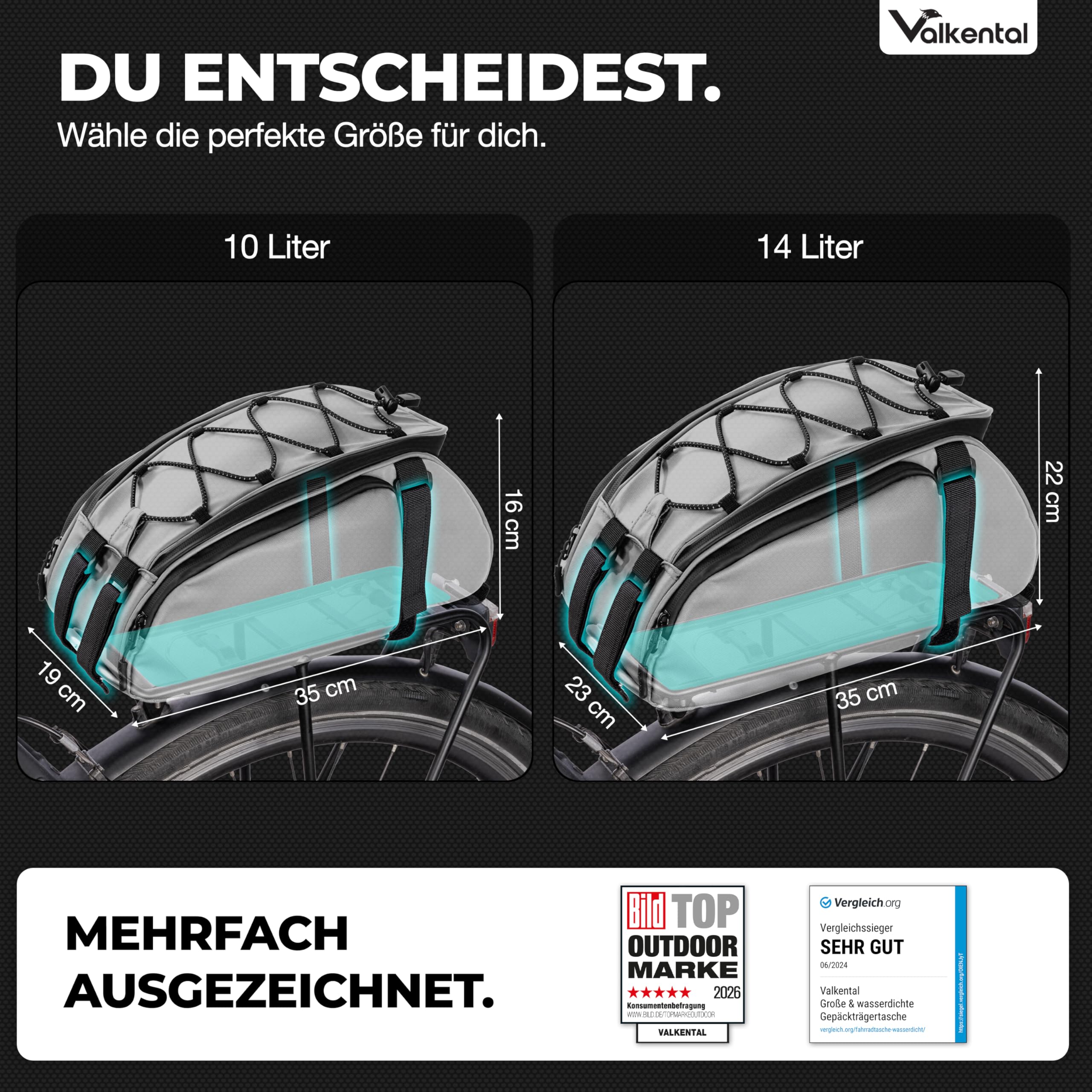 Valkental 3in1 Fahrradtasche für Gepäckträger mit Rucksackfunktion - 10-14L Volumen - Gepäckträgertasche mit zahlreichen Fächern - Wasserfest & Reflektierend - Mit Tragegriff - Geprüfte Qualität
