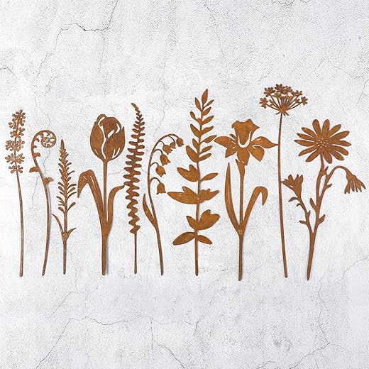 10pcs Rusty Metal Flowers and Plants, Rusty Rustic Metal Flowers Signs for Outside Yard Art for Yard Arrangement Decorative Garden Stakes Potted Plants Walkway and Flower Garden