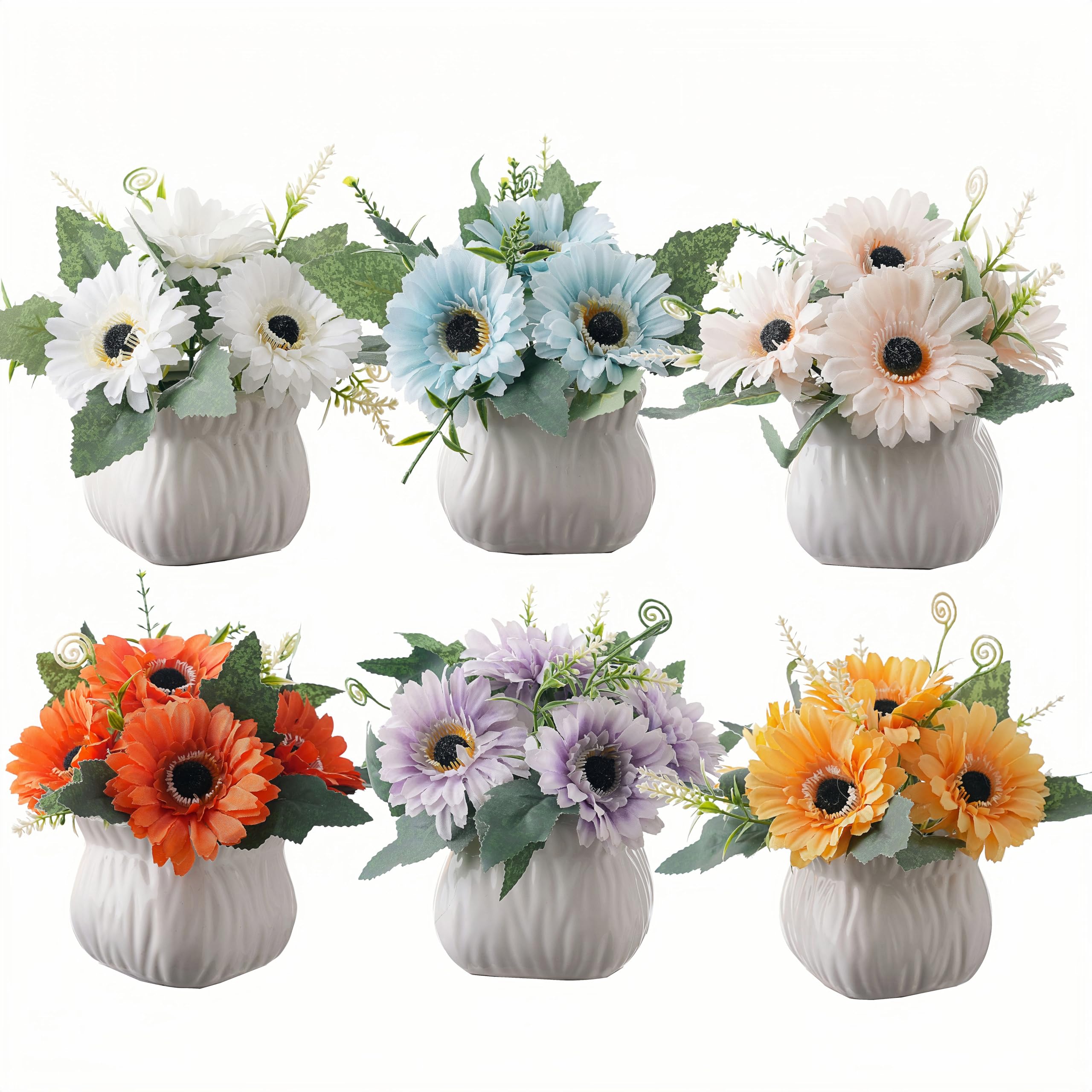 Donmills 6PCS Artificial Sunflower with Ceramic Vases – Spring Centerpiece Table Decorations, Faux Sunflower Floral Arrangements for Coffee Table, Dining Room, Kitchen & Farmhouse Home Decor