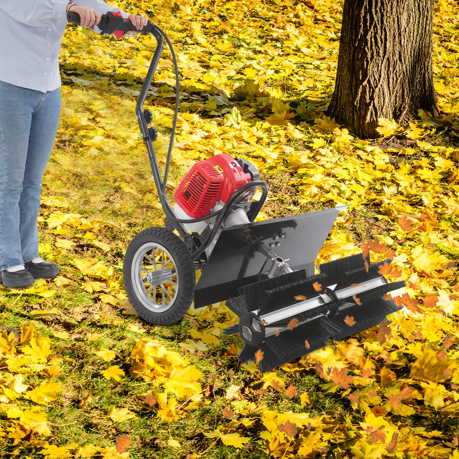 Benzin Kehrmaschine 43cc Motorbesen 1.25kW, Handgeführte Kehrmaschine mit 60cm Kehrbreite, Power Sweeper 8500rpm für Kunstrasen, Gehwege & Schneeräumung, Höhenverstellbar, Schwarz