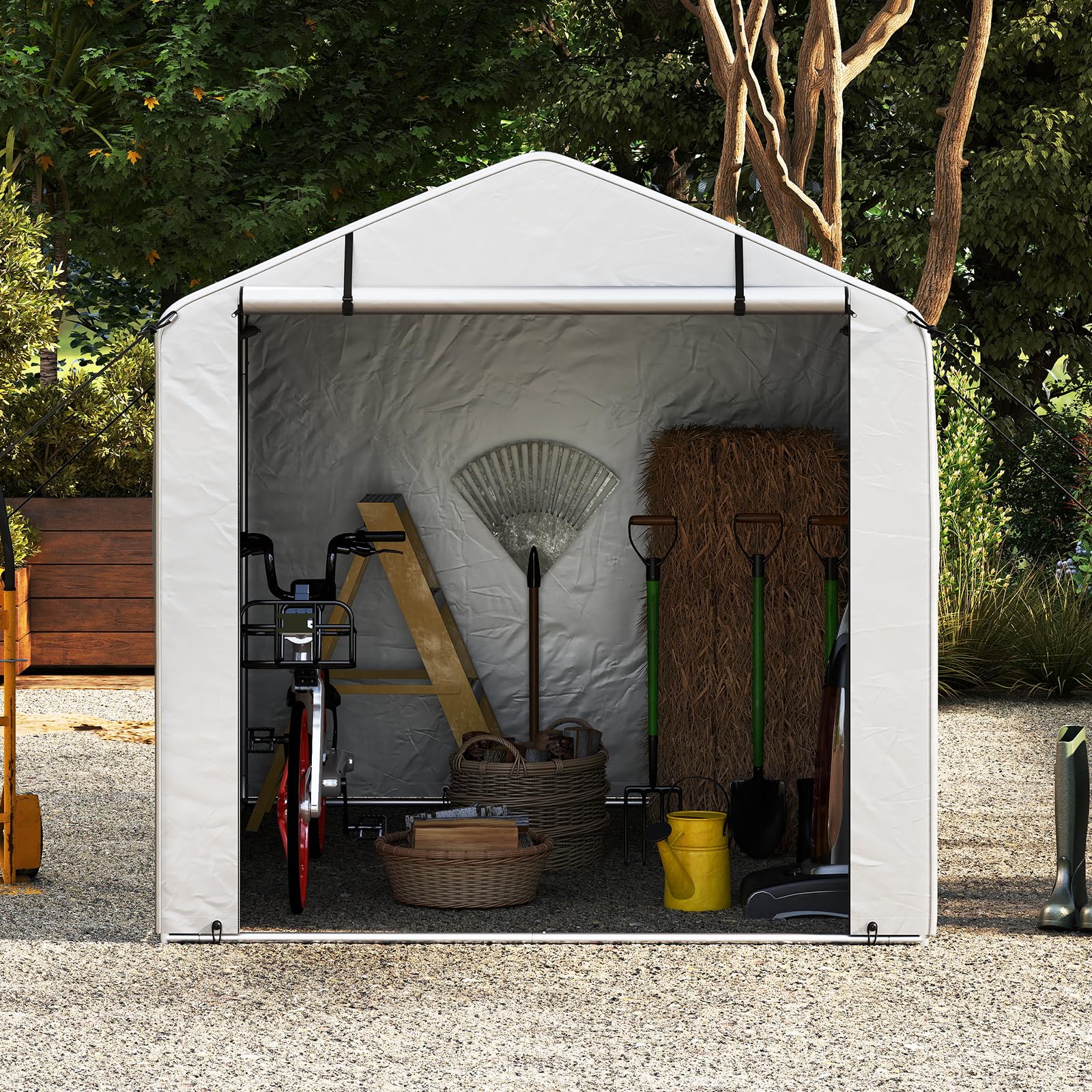 GYMAX Abri pour Motos, Vélos, Outils, Abri Extérieur Jardin Imperméable avec Porte Enroulable à Fermeture Éclair, Tente de Garage Protection,160x218x164CM