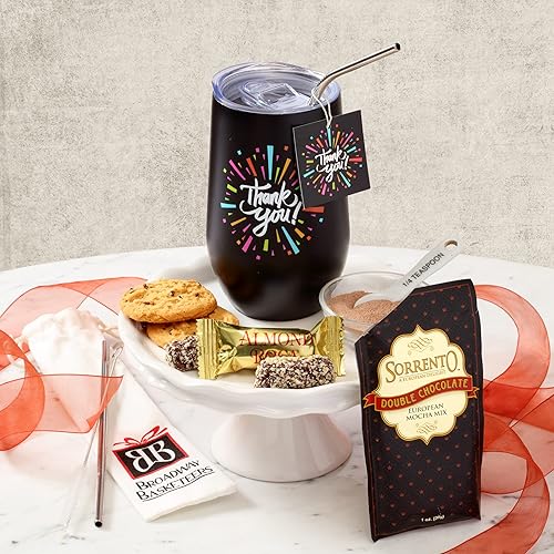 Miniatura 2 de Broadway Basketeers Taza de regalo de agradecimiento con chocolate y dulces. Taza de regalo grande de 16 onzas con aislamiento incluye 3 pajitas de