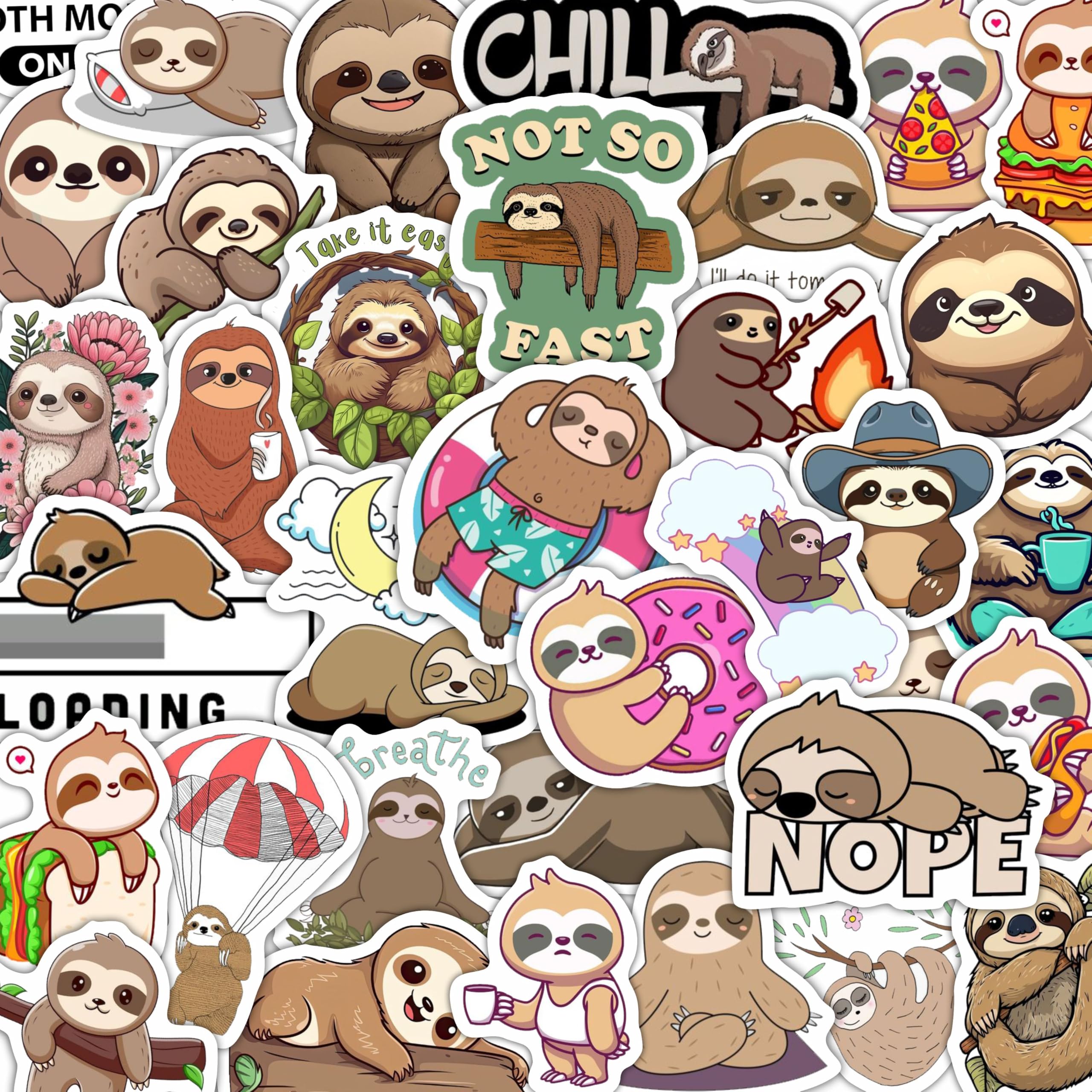 BulbaCraft 100Pcs Sloth Stickers for Water Bottle and Laptop - Sloth Party Supplies & Decorations, Waterproof Vinyl Decals, Cute Animal and Nature