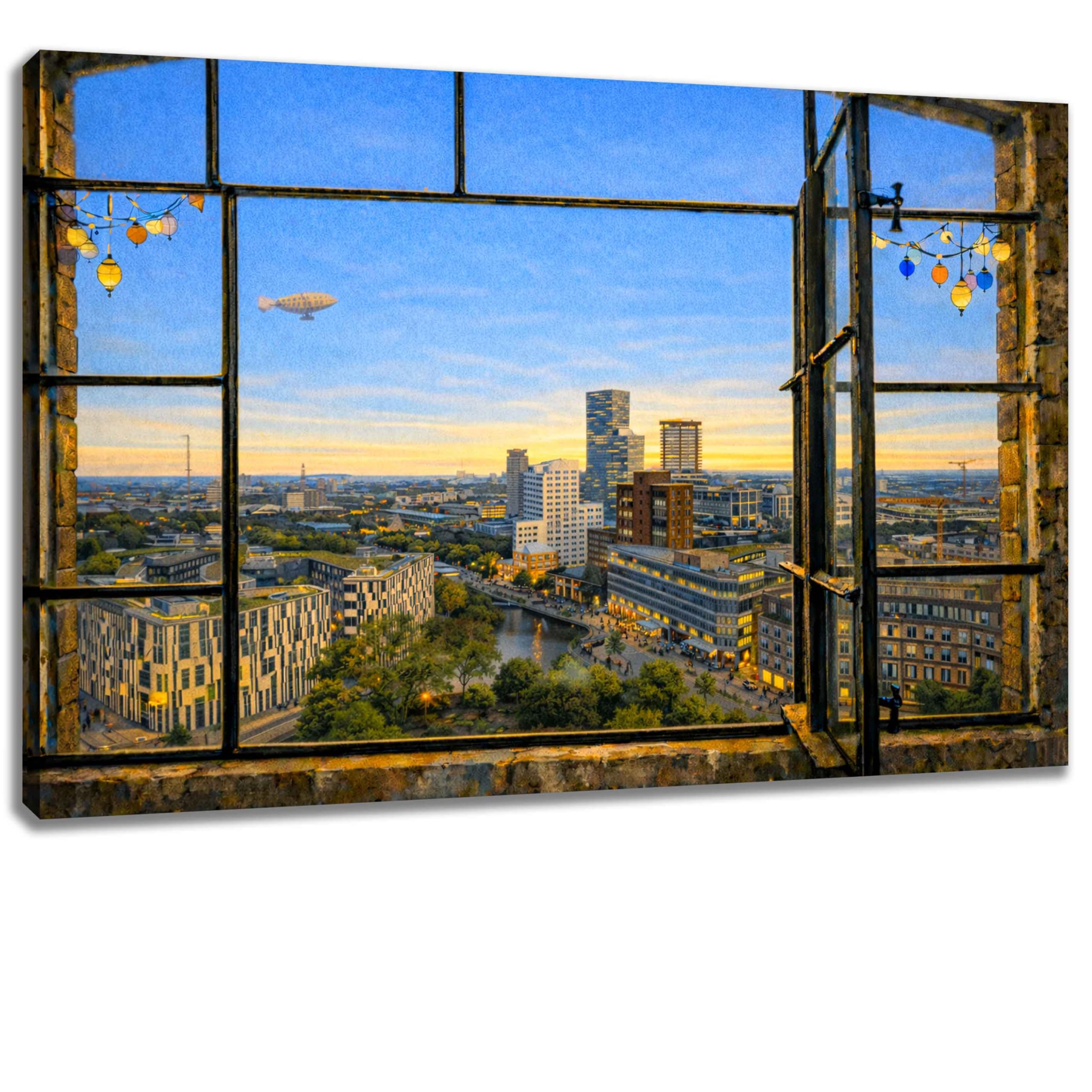 Art Print Düsseldorf Window Day in Blue Gold, 30 x 40 cm with Modern Architecture, Düsseldorf Panorama on the Window as Wall Decoration