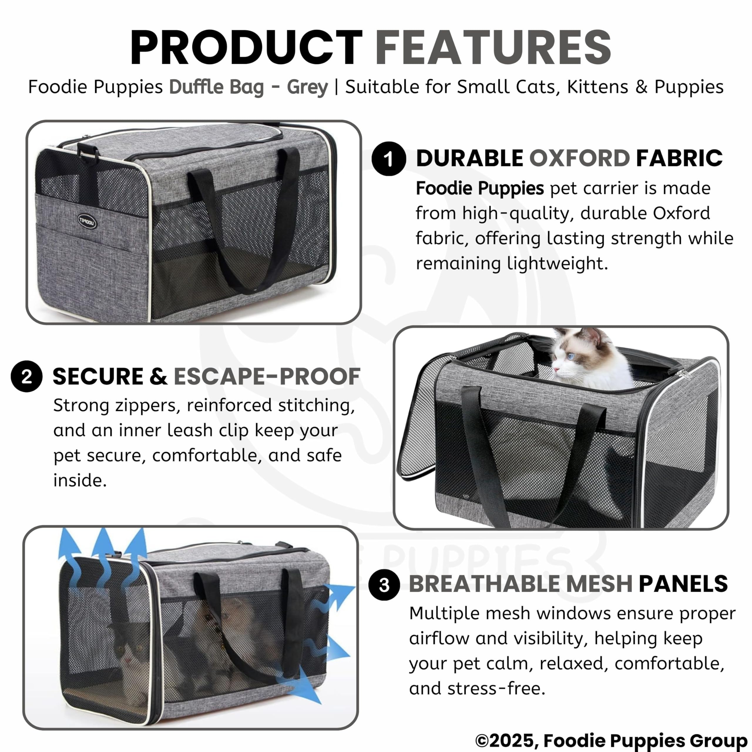 Foodie Puppies Pet Soft-Sided Mesh Pet Travel Carrier Bag - (Duffle Bag, Grey), (49x32x32cm) for Puppies, Small Dogs & Cats | Portable and Breathable Pet Carrier with Removable Fleece Pad 2