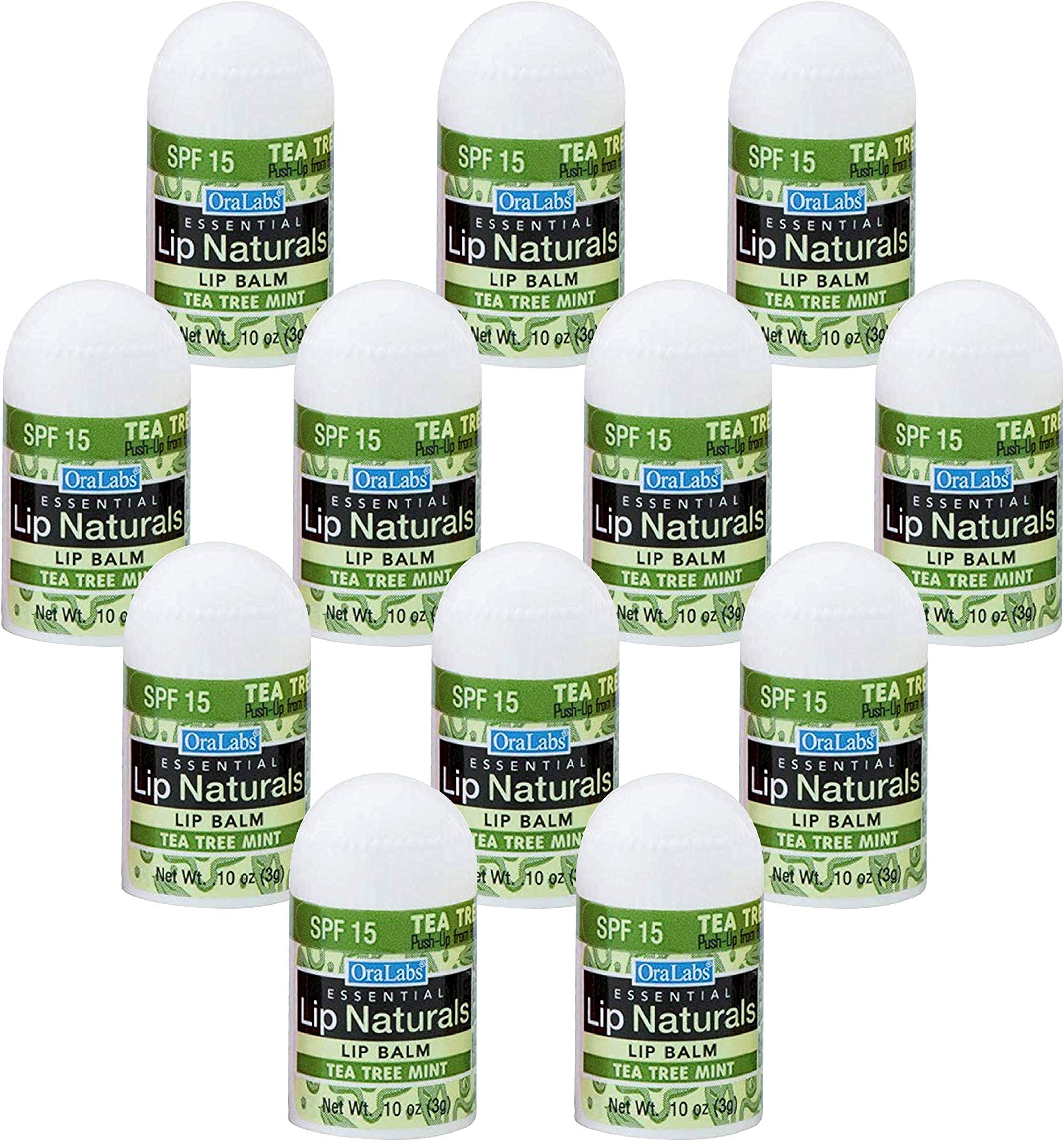 Lip Naturals® | Mini Tea Tree Balm with Sunscreen (SPF-15) | Made in USA with Coconut Oil, Tea Tree Oil, and Peppermint Oil | 12-Count Mini Lip Balm Pack with Tea Tree Mint Flavor (0.10oz/3g Each)