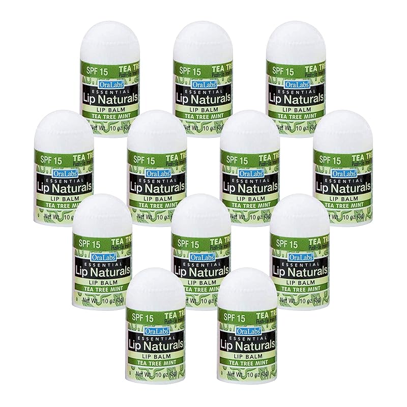 Lip Naturals® CHAP-ICE Bálsamo Labial Mini com SPF-15, Óleo de Coco, Óleo de Tea Tree e Óleo de Hortelã-Pimenta, Sabor Tea Tree Mint, Pacote com 12 Unidades