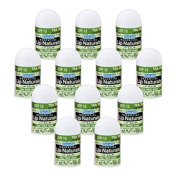 Lip Naturals | Mini Tea Tree Balm with Sunscreen SPF-15 | Made in USA with Coconut Oil, Tea Tree Oil, and Peppermint Oil | 12-Count Mini Lip Balm Pack with Tea Tree Mint Flavor 0.10oz/3g Each