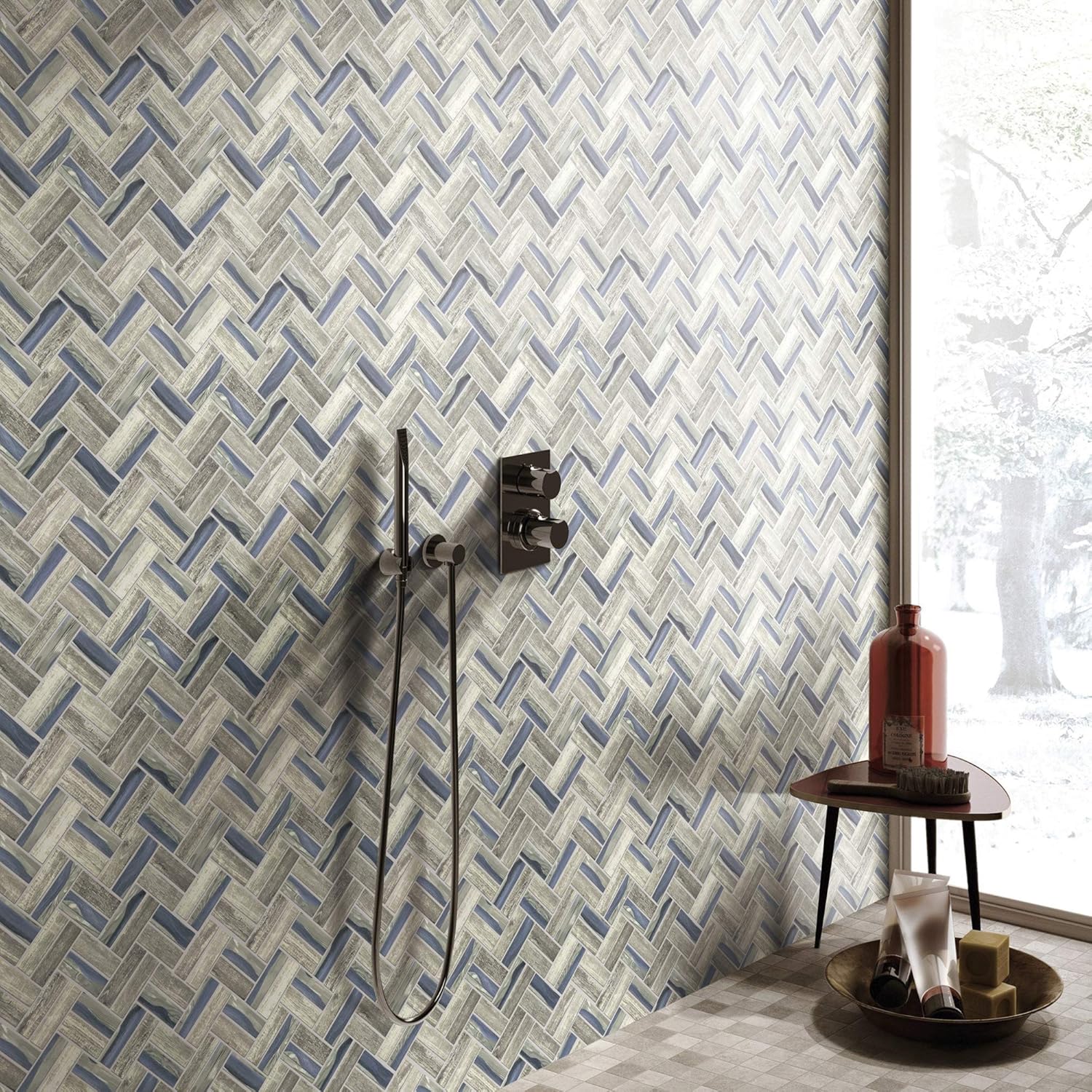 TREGLG-09 Recycle Glass Wooden Look Blue Herringbone Mosaic Tile Backsplash (10 Sheets)
