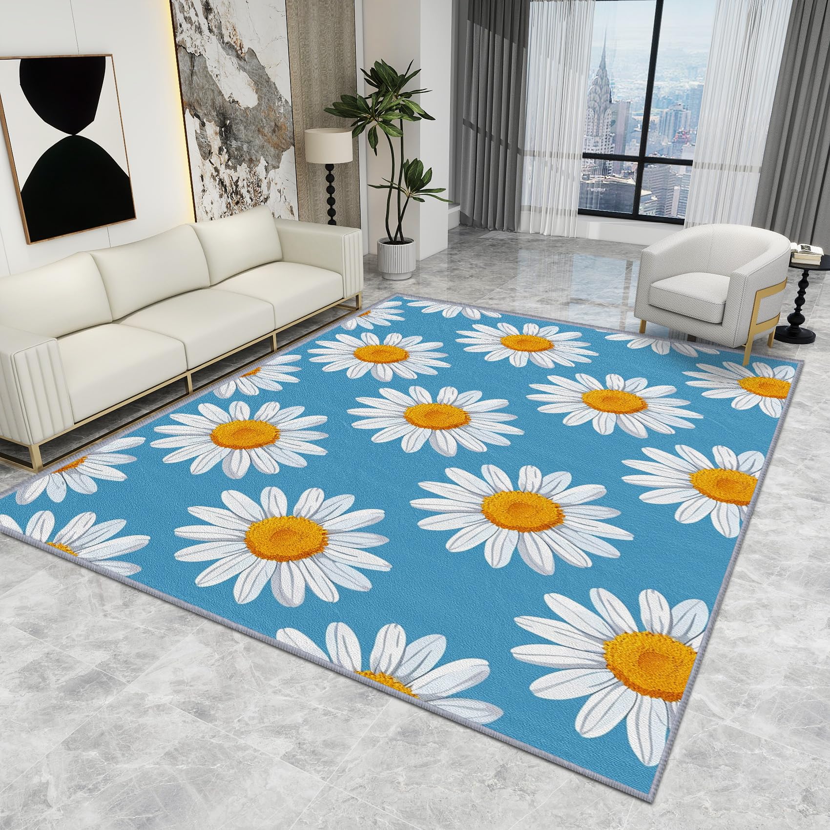 Daisy Rug for Kids Bedroom - Daisy Rug - Cute Floral Botanical Rugs, Flower Spring Carpet, Washable Rug Non Slip Low Pile Soft Large Area Rugs, Daisy Home Decor Gifts, 120 X 180 cm