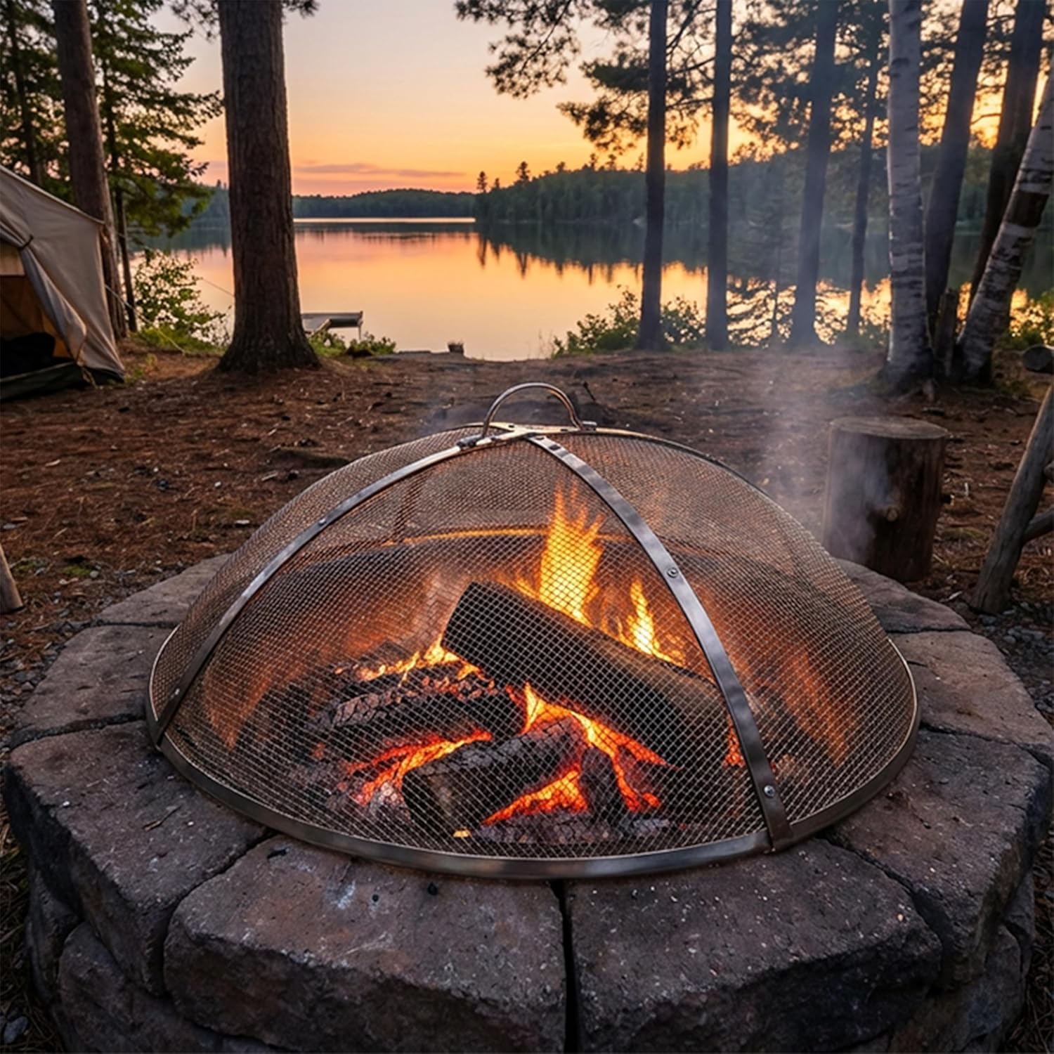 Sunnydaze Round Stainless Steel Spark Screen - Rust-Resistant Heavy-Duty Metal Fire Pit Spark Screen with Handle - 24" Diameter