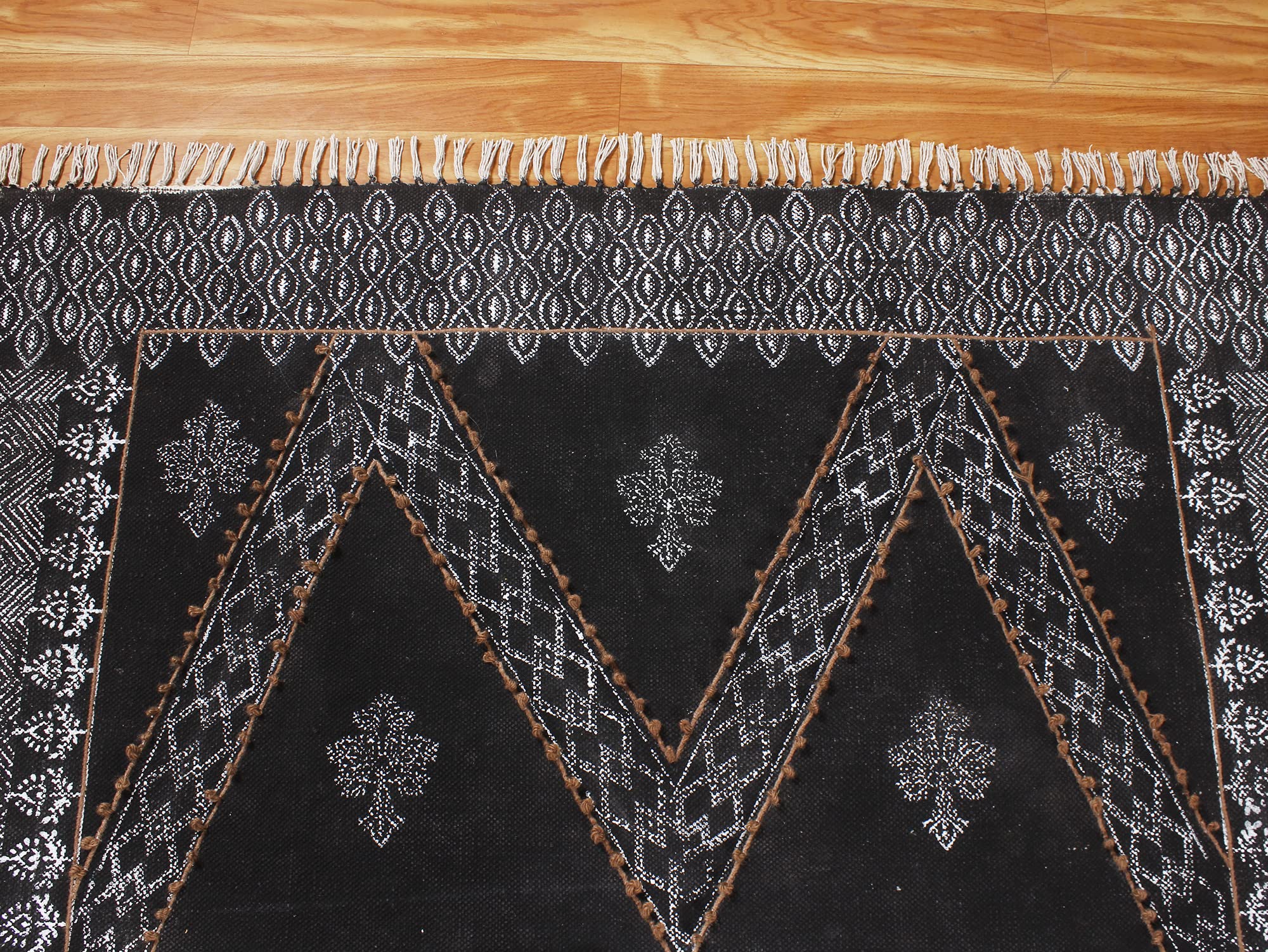 Tappeto da bagno in cotone intrecciato a mano con nappe stampa a blocchi di mano, tappetino per interni Boho per camera da letto, soggiorno, lavanderia