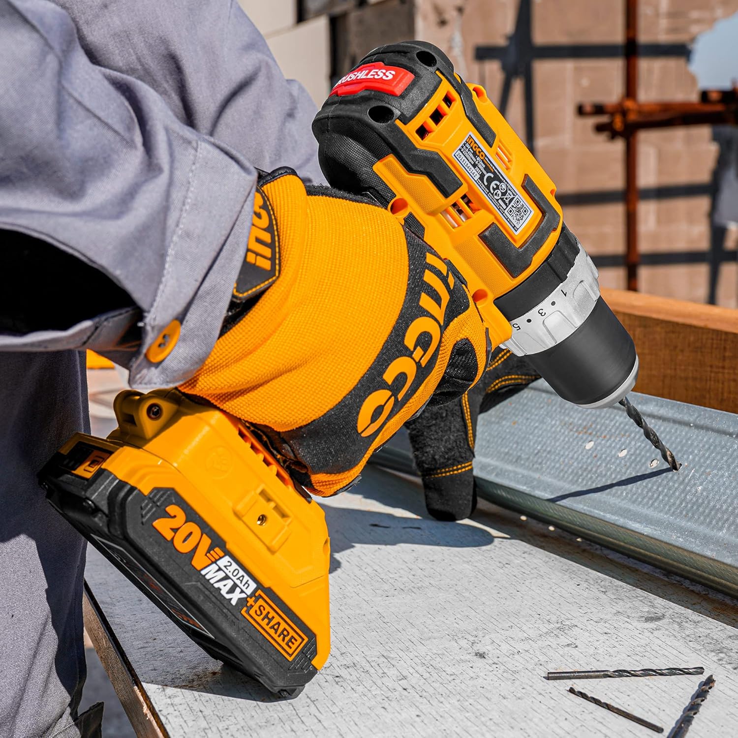 User operating the INGCO Brushless Impact Drill to drill into a metal sheet