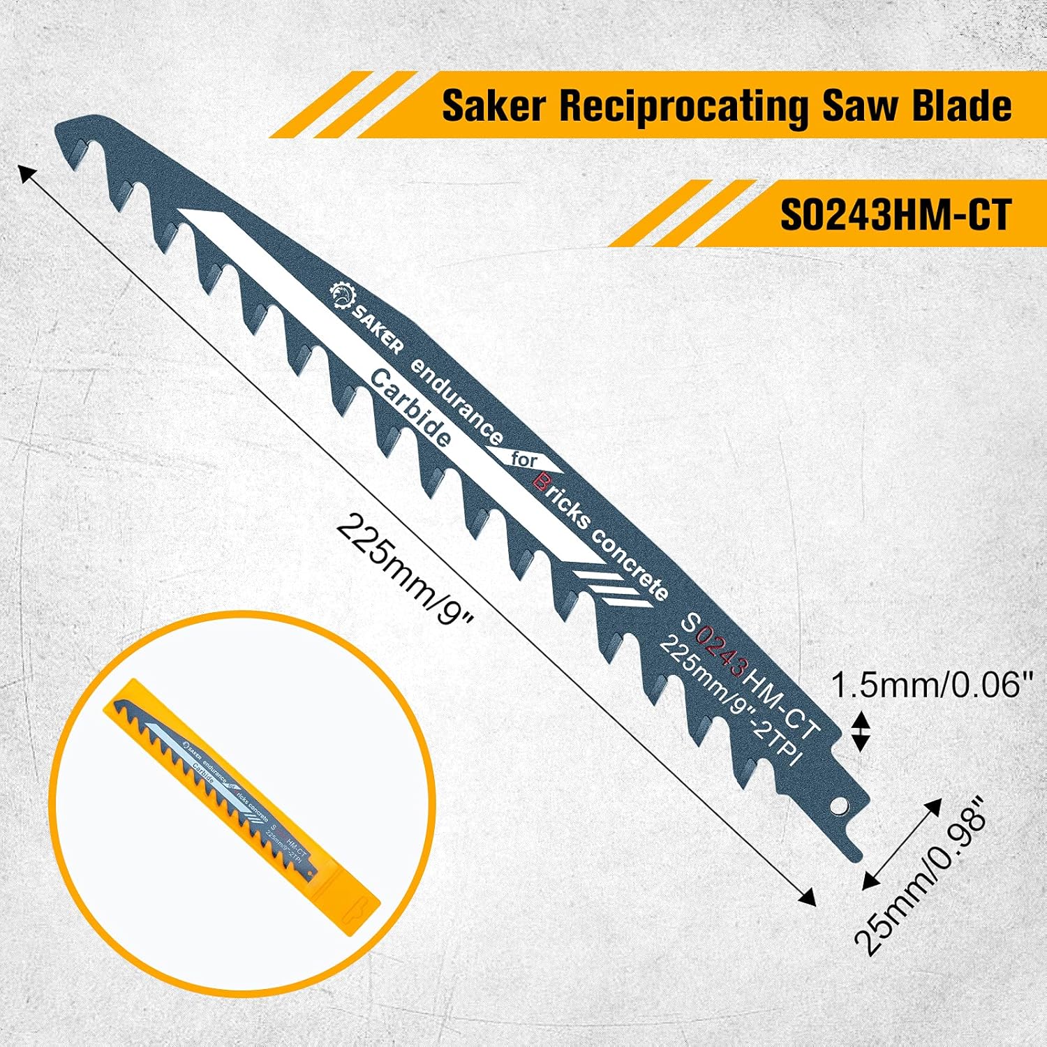 Saker Saw Blade-Demolition Masonry Reciprocating Hard Alloy Saw Blades for Cutting Wood,Porous Concrete,Brick 9”/225mm - - 