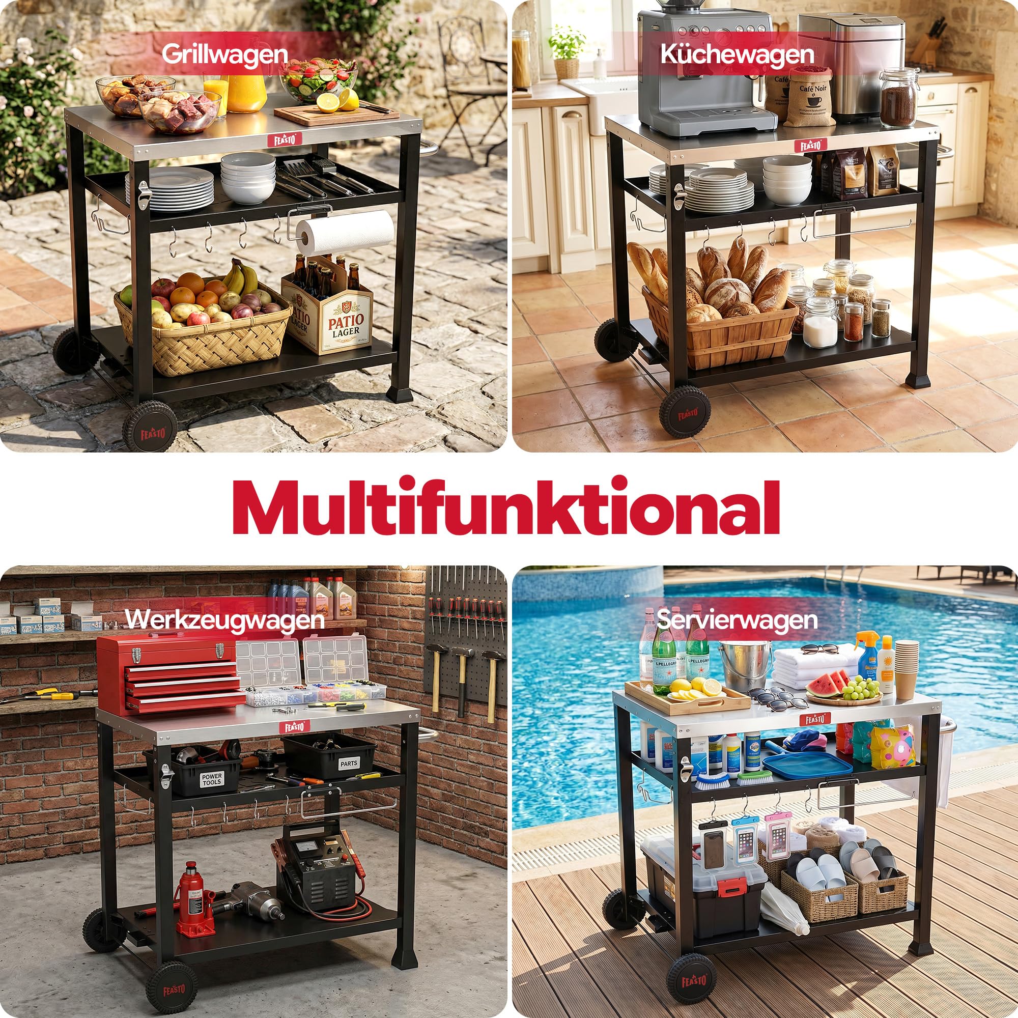 Feasto Grillwagen Outdoor 3 Etagen, Multifunktionaler Grilltisch mit Edelstahlplatt, Griff, Rollen, Ideal für Küche, Terrasse, Balkon und Buffet, 95x64x84cm, Schwarz