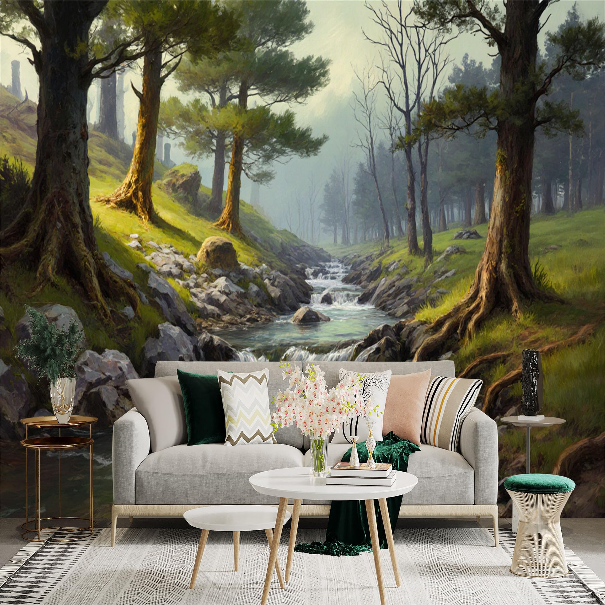 Lnzczhyre Xc260505635 Custom Size Wall Sticker Mural， Enchanted Forest With Flowing Creek， Sunny Woodland Scenery， Picturesque Nature Landscape， For Wall Decoration， Peelandstick Wall Decals.