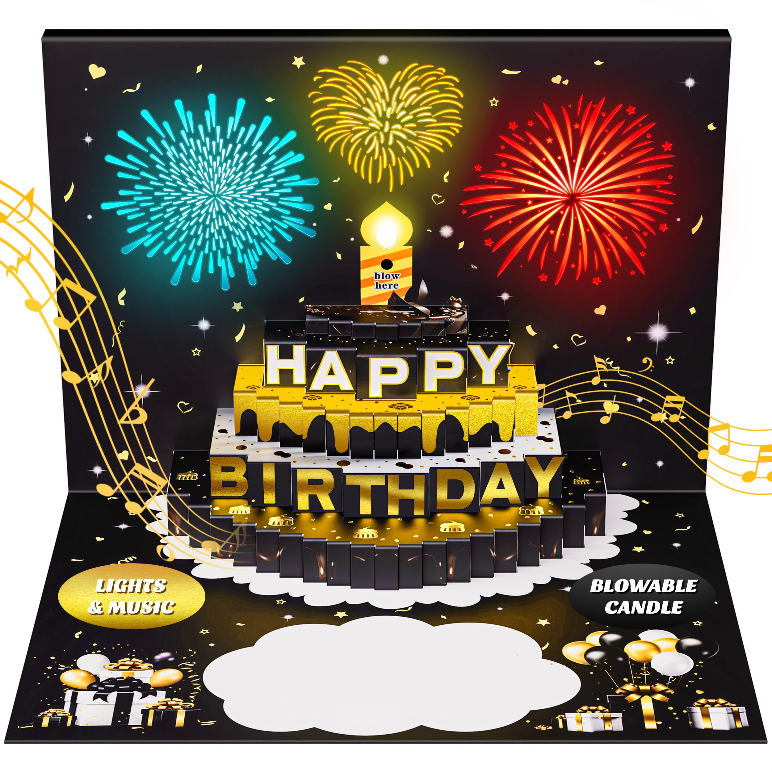 Azrra Musical Birthday Cards, Pop Up Cake Fireworks Singing Happy Birthday Card with Blank Space for Your words, Funny Interactive Blow Out LED Light