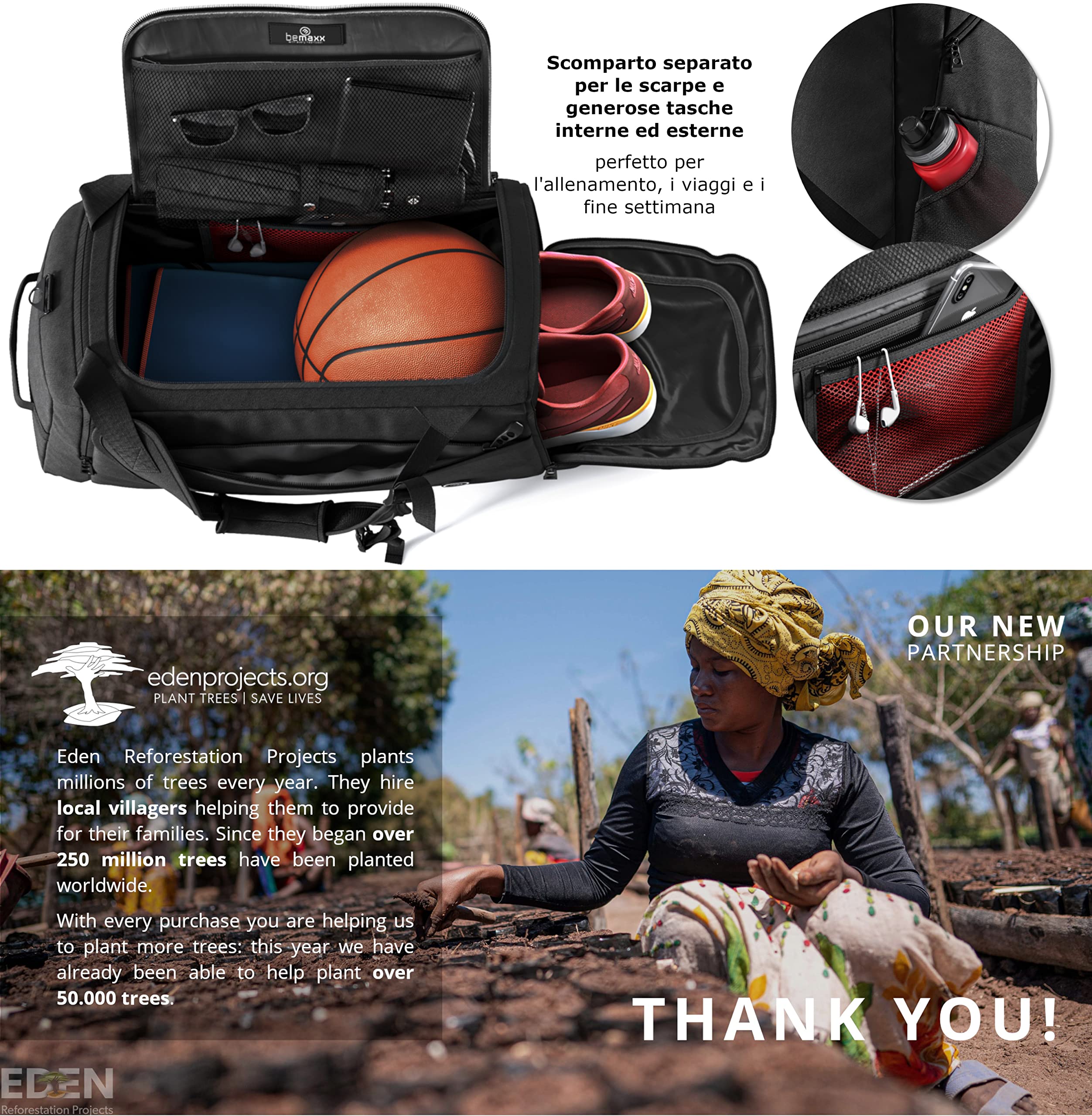 bemaxx Borsone Palestra Uomo Donna Borsa da Viaggio con Scomparto Scarpe e Bagnato | 40/60L con Funzione Zaino, 30/50L Borsa Sportiva da Allenamento Nuoto Fitness Gym Training Sacca Bagaglio a Mano