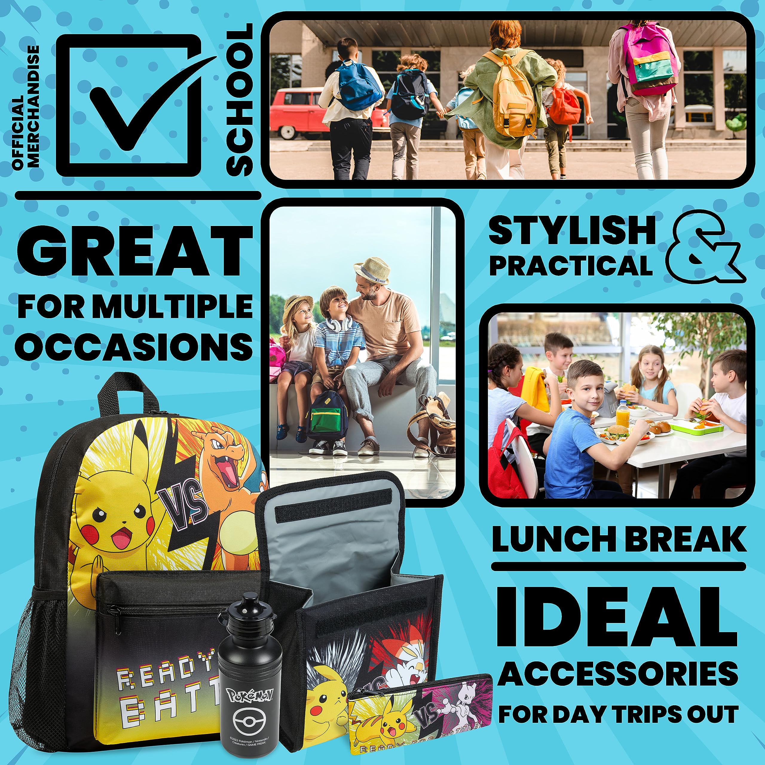 Pokémon Pokemon Kids Backpack 4 -częściowy zestaw szkolnych materiałów szkolnych Prochosek izolowany lunch pudełko na lunch Pencil Case BPA za darmo 500 ml butelka z wodą Pikachu Powrót do szkoły dla chłopców Jeden Rozmiar Czarno żółty