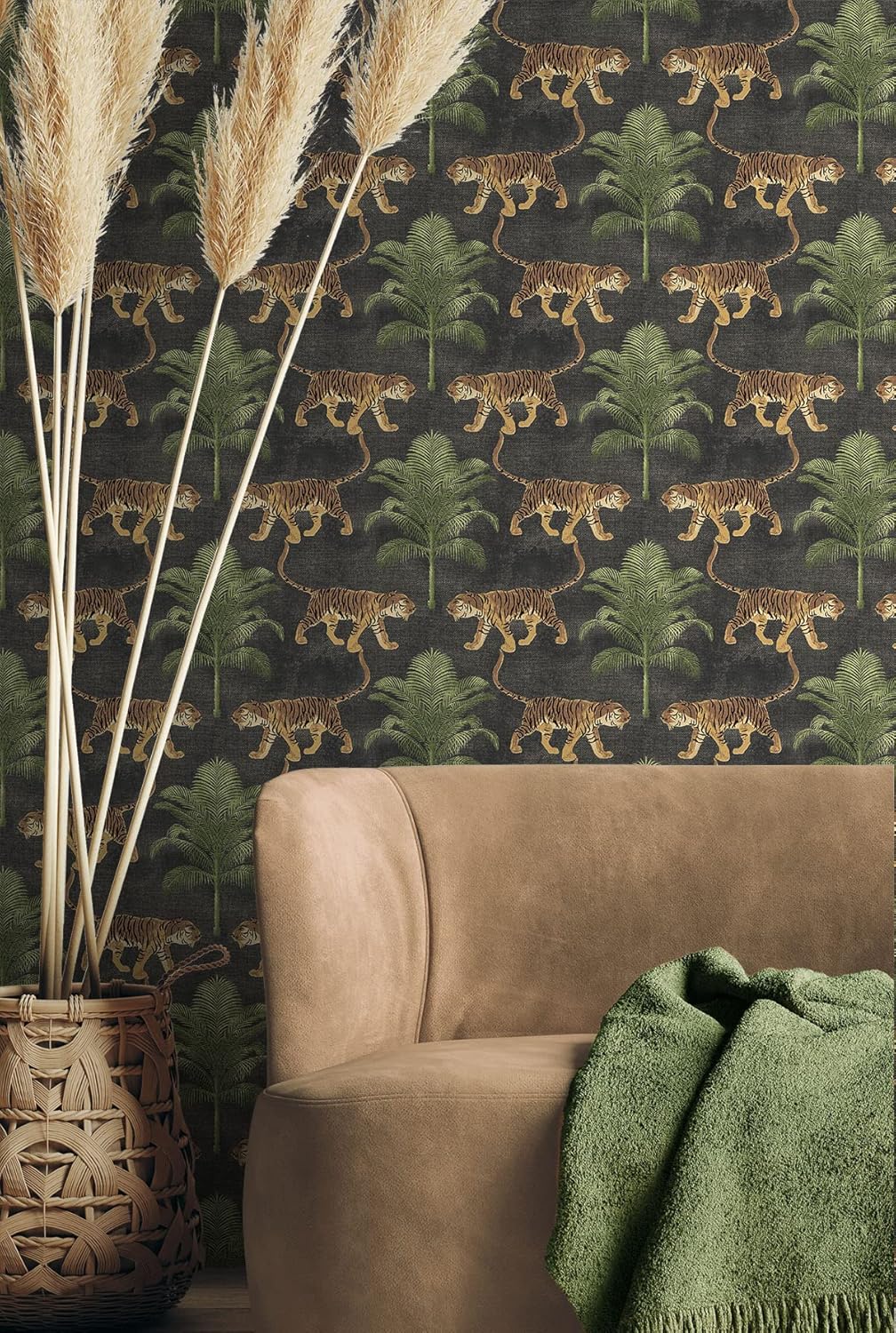 Tommy Bahama - Peel and Stick Designer Wallpaper, Premium Novelty Wallpaper for Bedroom, Powder Room, Kitchen, Self Adhesive, Vinyl, 30.75 Sq Ft Coverage (Tiger & Tree Collection, Coal)
