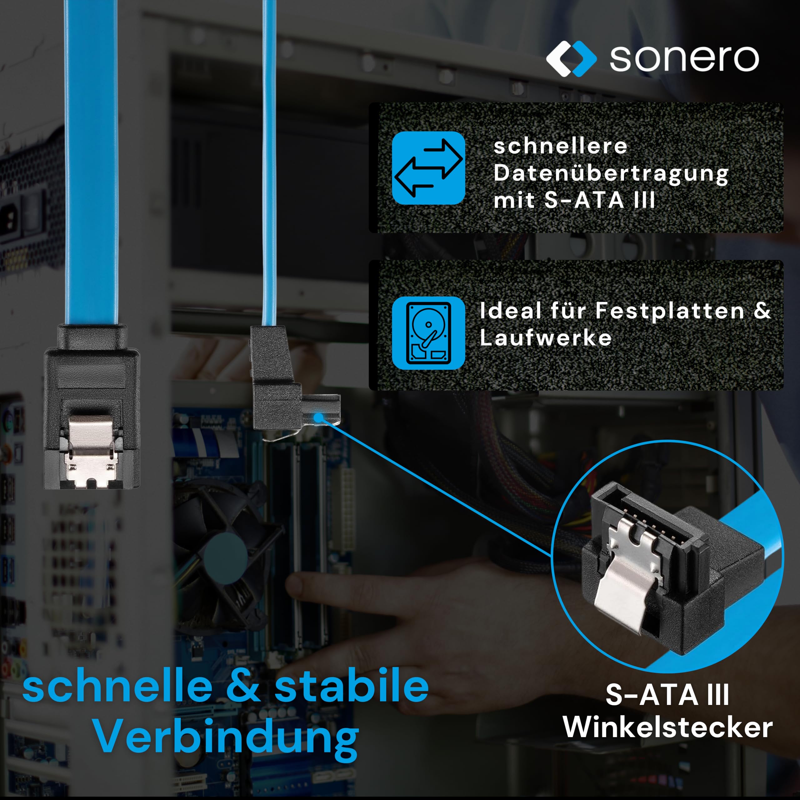 Sonero® kabel do transmisji danych SATA III 6Gb/s, 0,30 m, pod kątem, niebieski