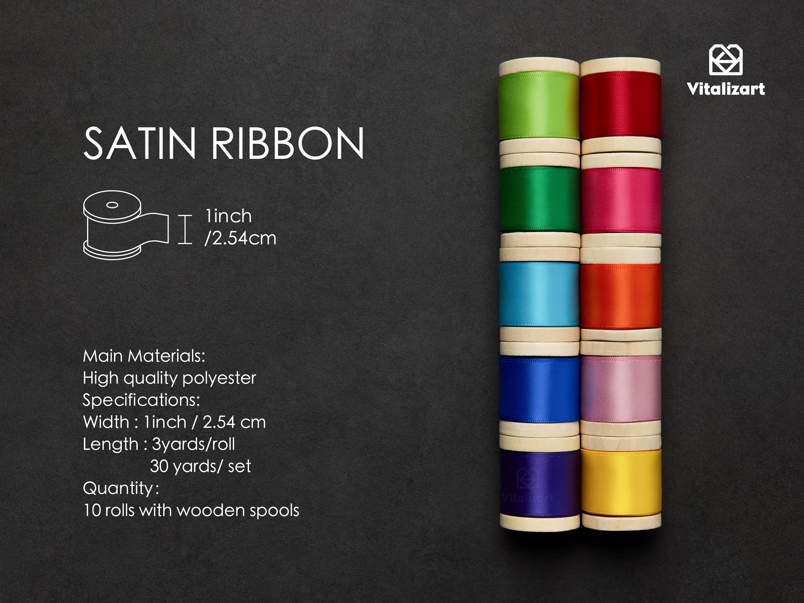 Vitalizart 1 Inch Satin Ribbon for Crafts Gift Wrapping Assorted Rainbow Fabric Silk Ribbon for Hair Bouquet Wedding Balloon 30 Yards