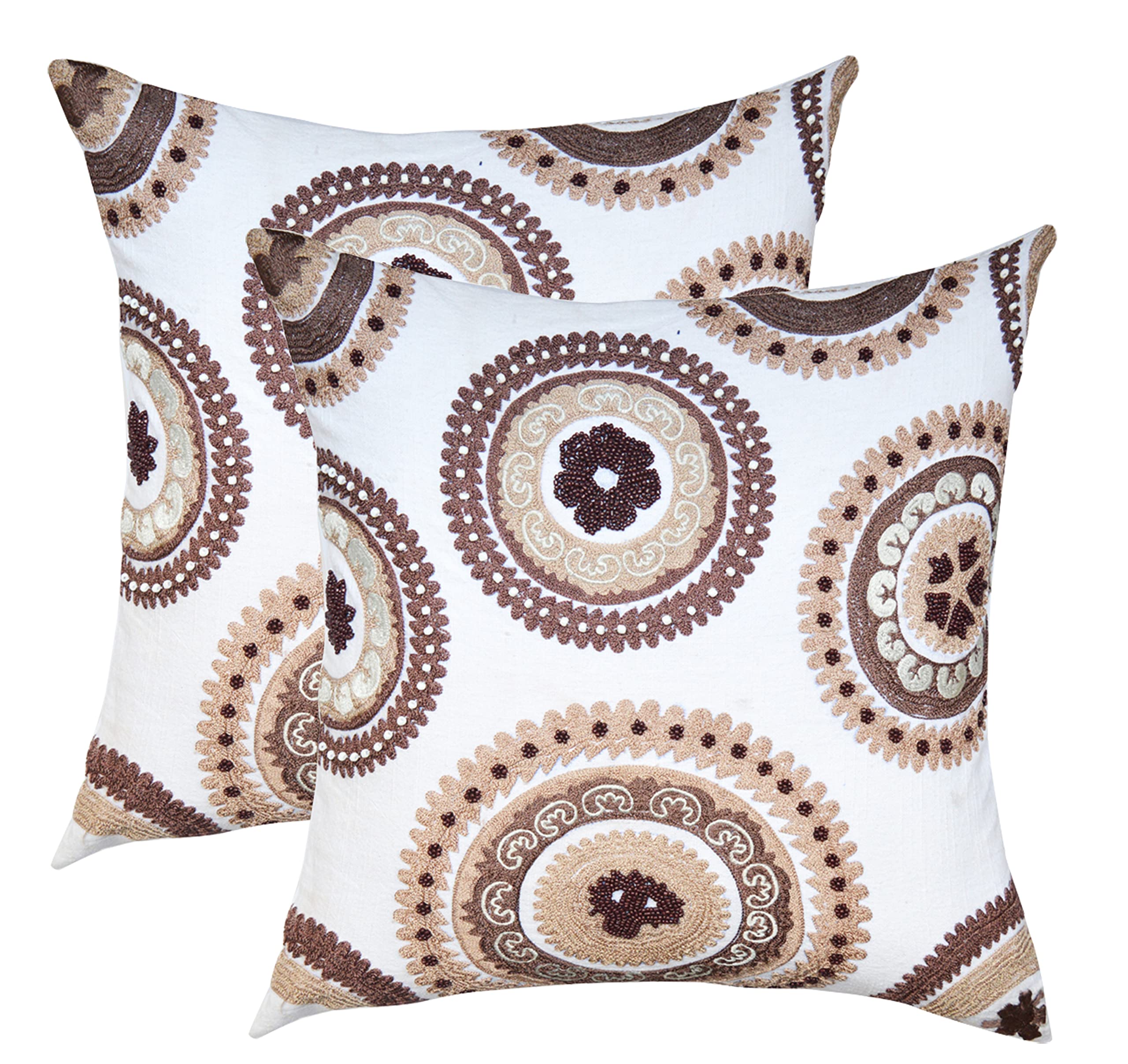 A1 HOME COLLECTIONS A1HC 100% Cotton Hand-Crafted Embroidered Throw Pillow Cover with Insert Pack of 2, Designer Decorative Square Throw Pillow for Couch Sofa Bedroom, Living Room, 20” Square