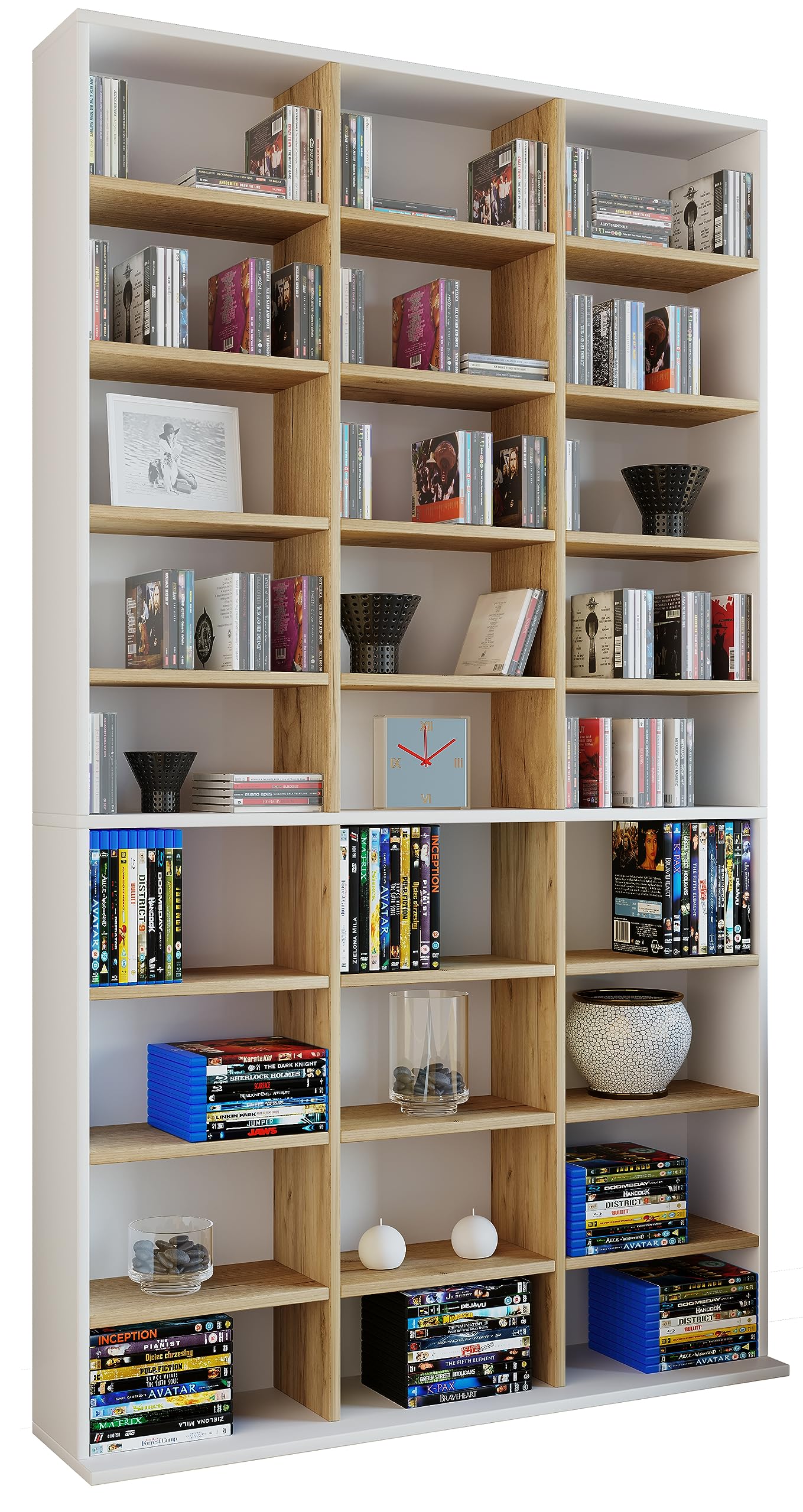 VCM Libreria in piedi | Scaffale salvaspazio per 1080 CD o 504 DVD | 27 scomparti di cui 16 regolabili in altezza | Elegante scaffale in legno classico | Dimensioni: altezza 181 x larghezza 102 x