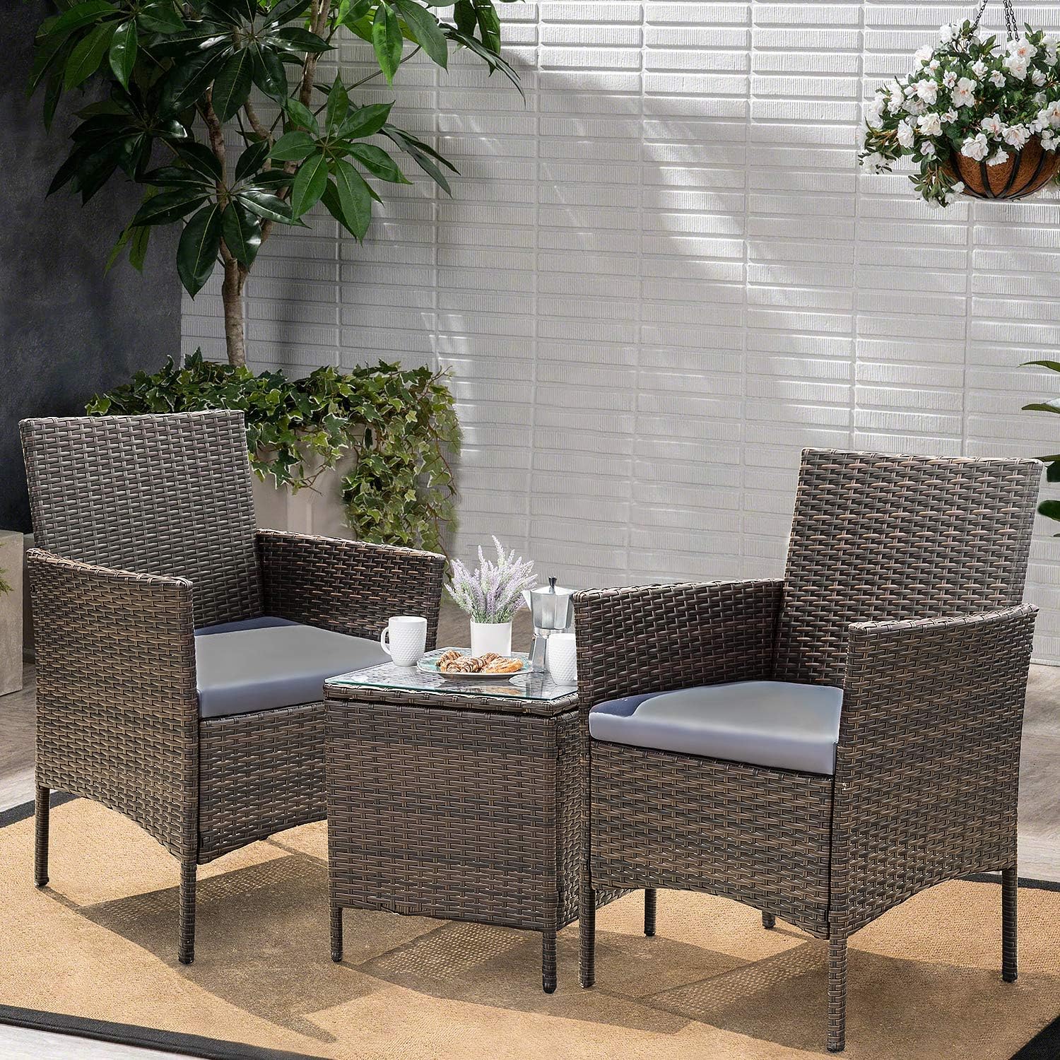 Devoko Patio Porch Furniture Sets 3 Pieces PE Rattan Wicker Chairs with Table Outdoor Garden Furniture Sets (Brown/Grey) : Patio, Lawn & Garden