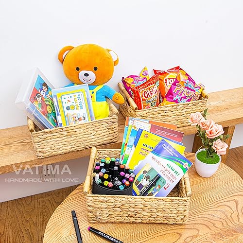 Miniatura 8 de VATIMA Cesta de mimbre mediana de jacinto de 13.6 x 9.5 x 5.6 pulgadas, con asa, decoración de sala de estar, diseño rectangular