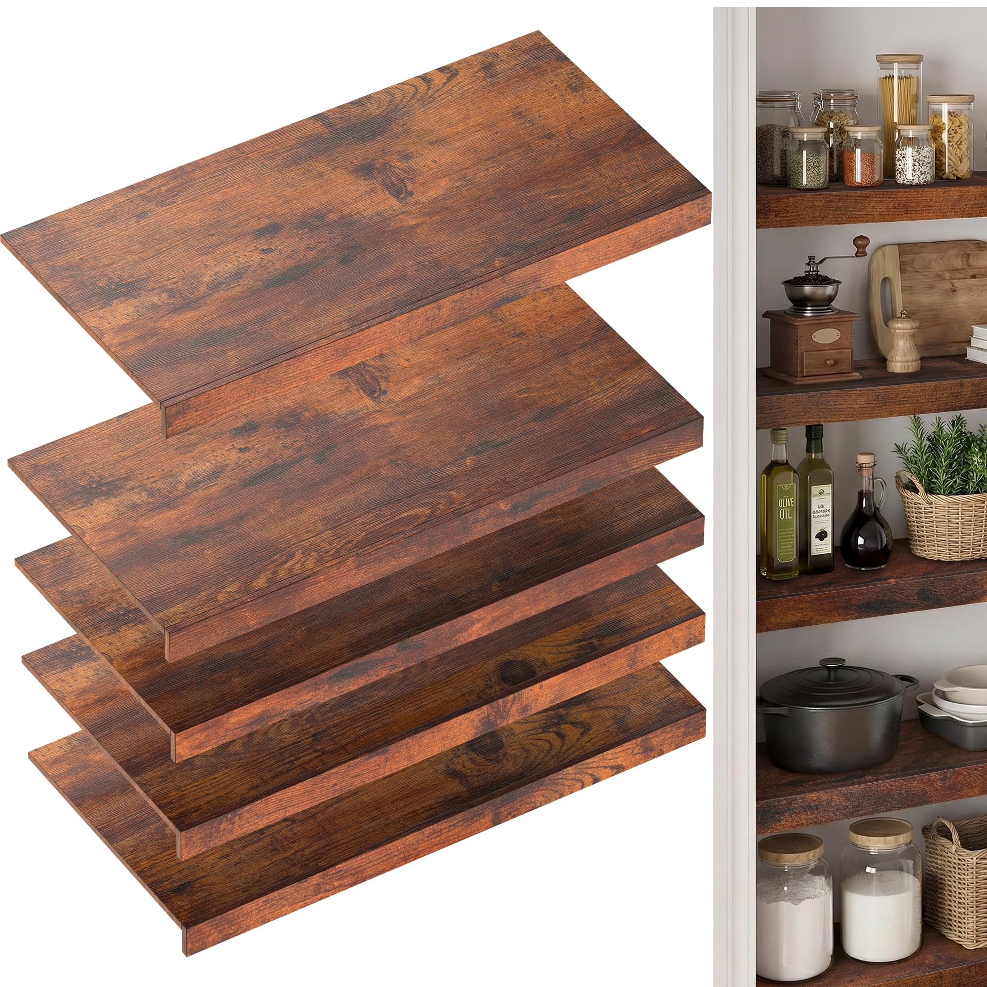Photo 1 of Wire Shelf Covers for Pantry, Premium Engineered Wood Shelf Covers for Wire Shelving, Wire Rack Covers for Closet, Laundry Room, Easy Assembly, Rustic Brown (5pcs, 24" W x 12" D), Patent Pending