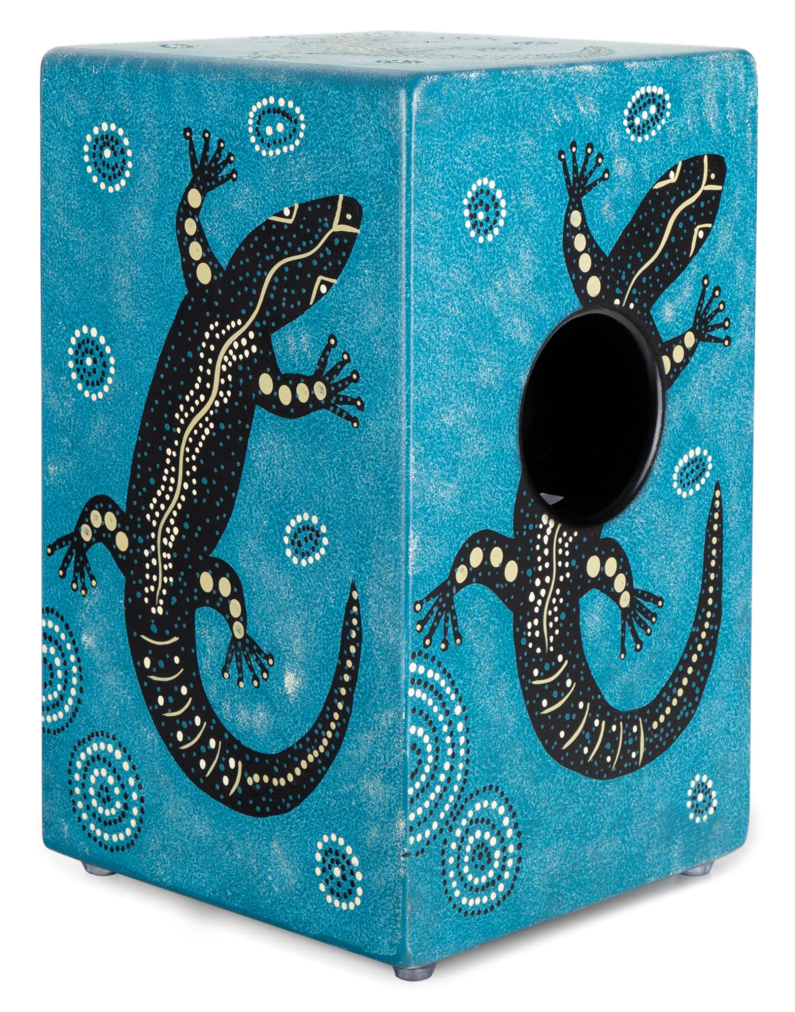 XDrum Design Series Cajon “Gecko” - Handbemalte Designer-Cajon mit Dot Art-Geckos - Integrierter Bass Port - Korpus aus HPL (High Pressure Laminate) - Fest installierter Snare-Teppich