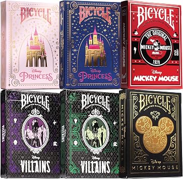 Disney Collectors Bundle 6 Decks Bicycle Playing Cards - Black & Gold Mickey, Classic Mickey, Princess Pink/Navy, Villains Green/Purple.